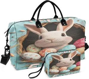 Easter Cute Rabbit and Egg Travel Duffel Bags 2PCS,Sports Duffel Bags for Men Women,Weekender Overnight Bag Gym Tote Bag with Toiletry Bag