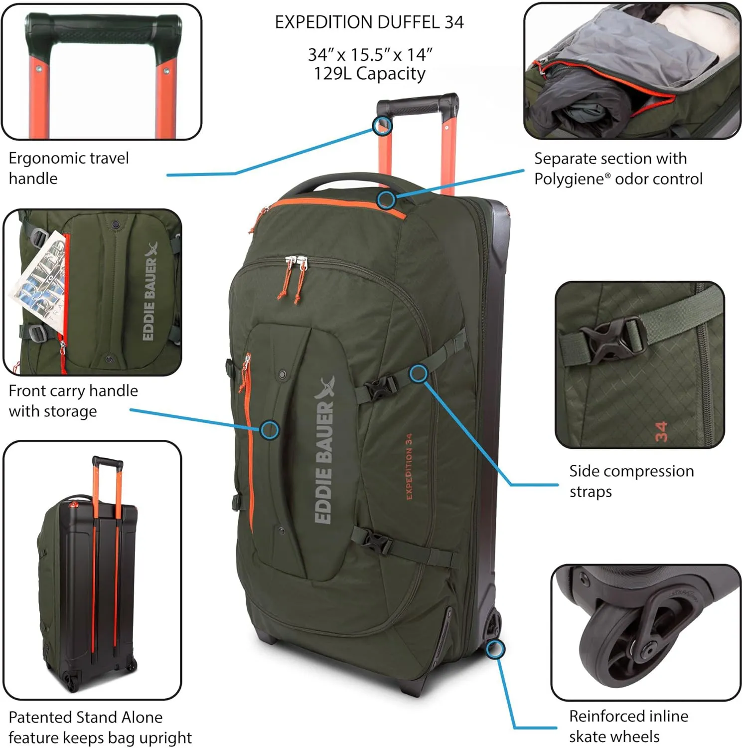 Eddie Bauer Expedition Duffel Bag 2.0-Made from Rugged Polycarbonate and Nylon, True Blue, 34L