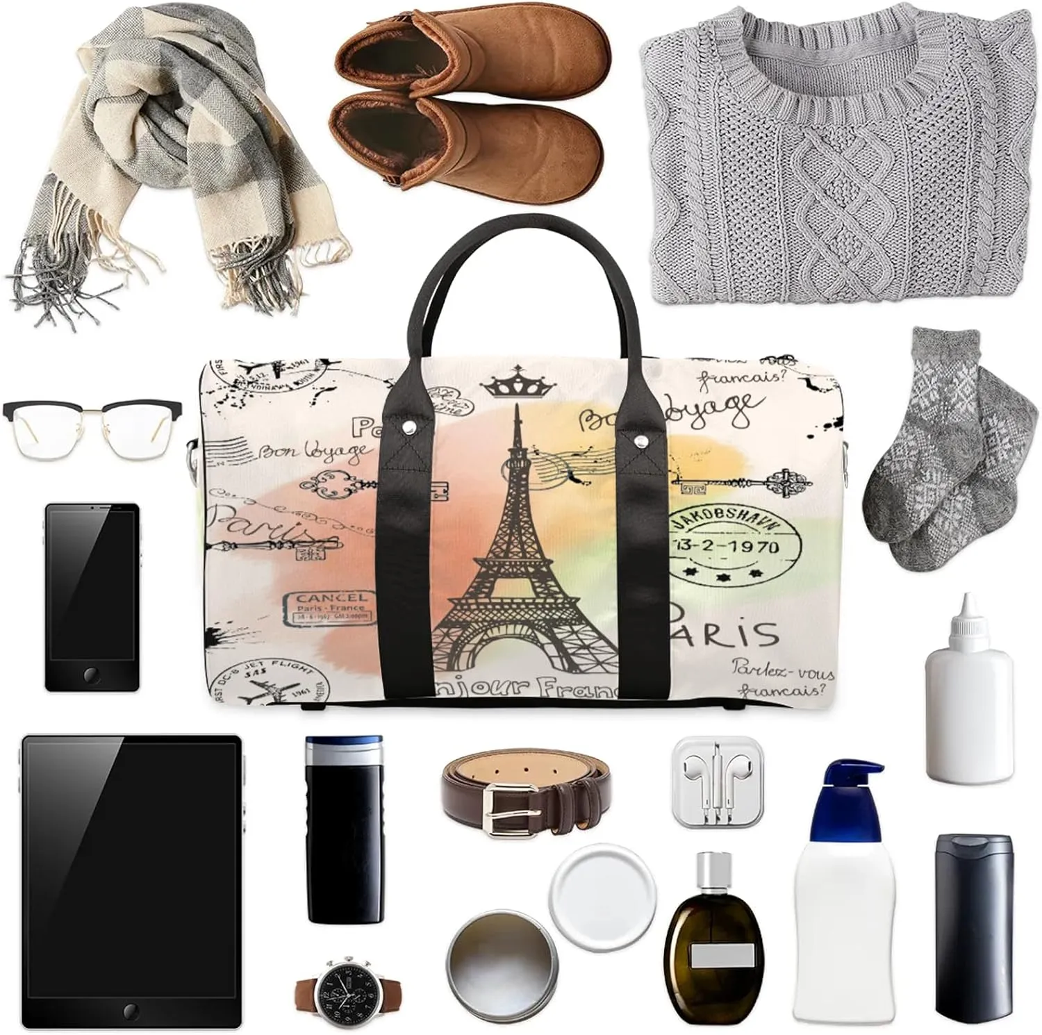Eiffel Tower French Paris City Travel Duffle Bag for Women Men, Carry On Overnight Bag, Weekend Travel Duffel Tote Bags for Trips Sport Hospital