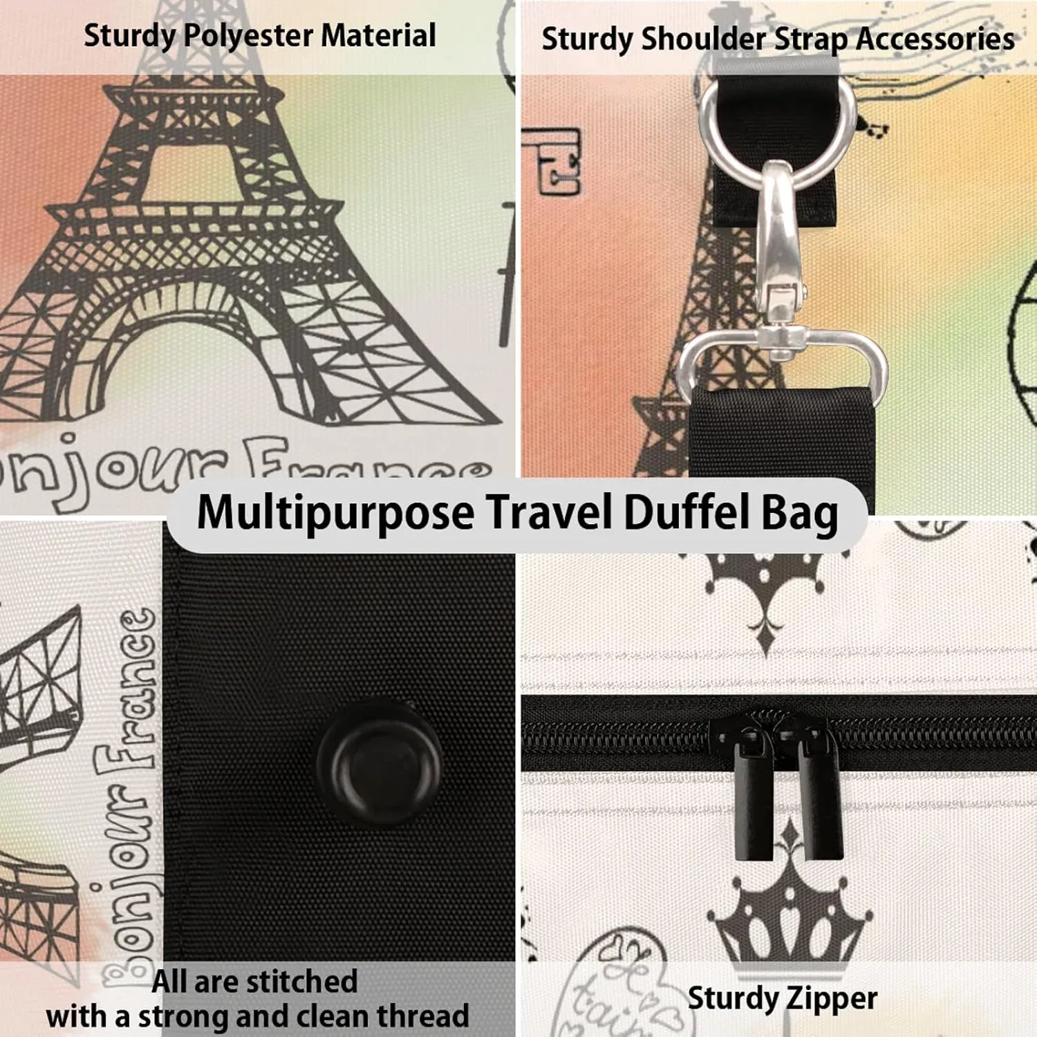 Eiffel Tower French Paris City Travel Duffle Bag for Women Men, Carry On Overnight Bag, Weekend Travel Duffel Tote Bags for Trips Sport Hospital