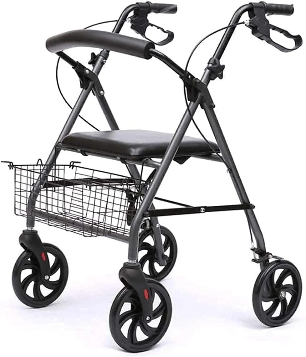 Elderly Walker Ultra Lightweight Folding Rollator Wheeled Walker Walking Frame with Brakes Seat and Bag