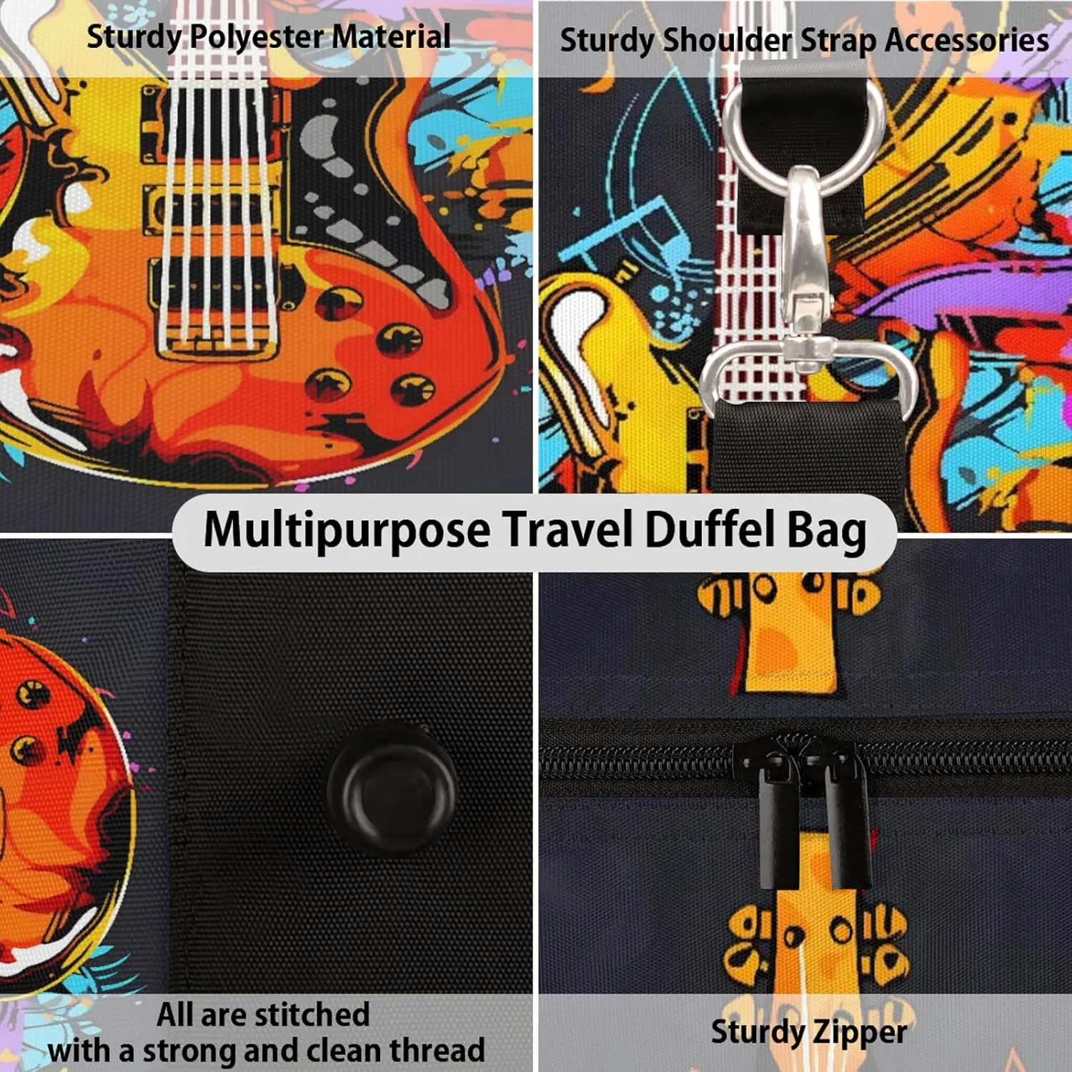 Electric Guitar Music Theme Travel Duffle Bag, Sports Gym Bags for Women Men, Carry On Weekender Overnight Workout Airplane Trips Bag