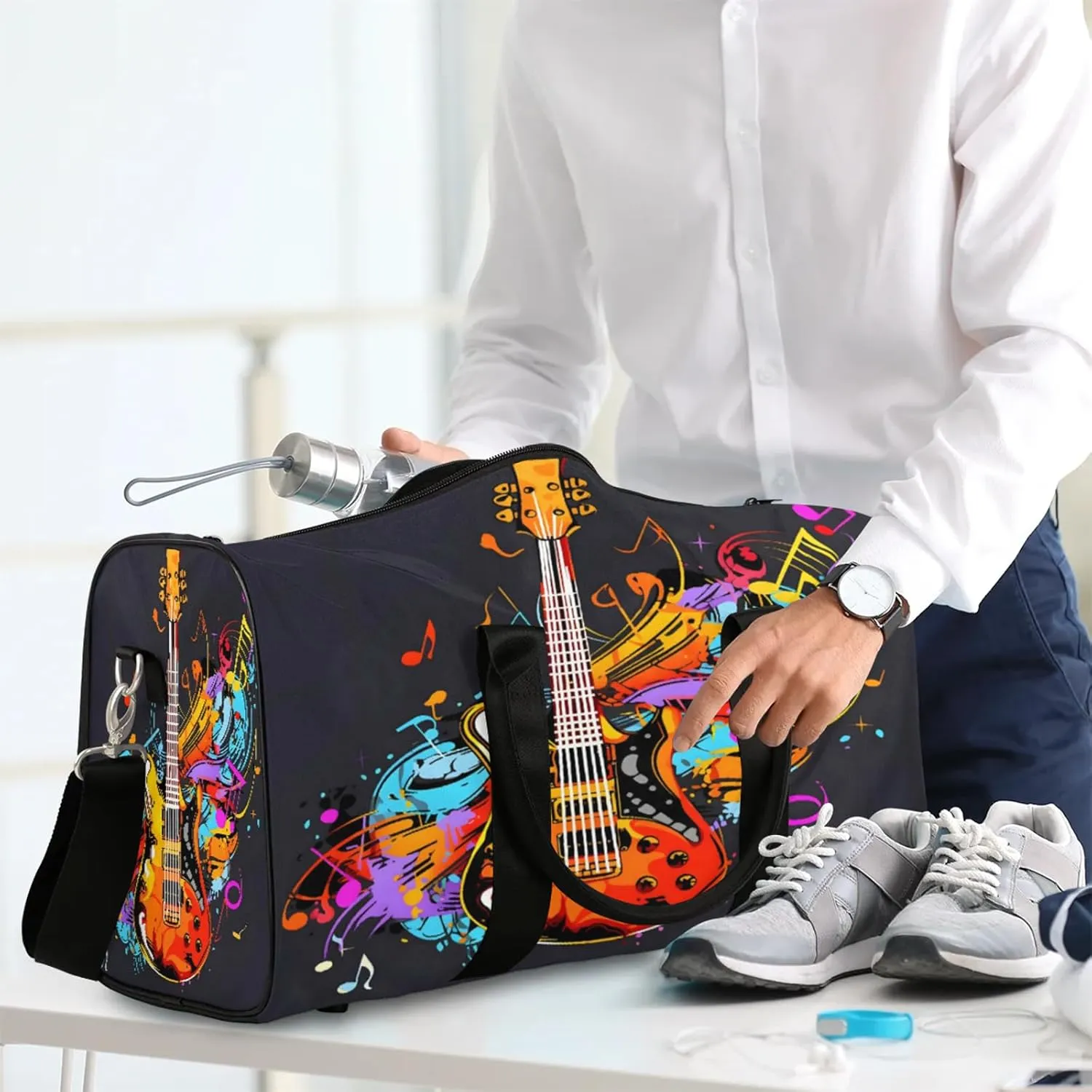 Electric Guitar Music Theme Travel Duffle Bag, Sports Gym Bags for Women Men, Carry On Weekender Overnight Workout Airplane Trips Bag