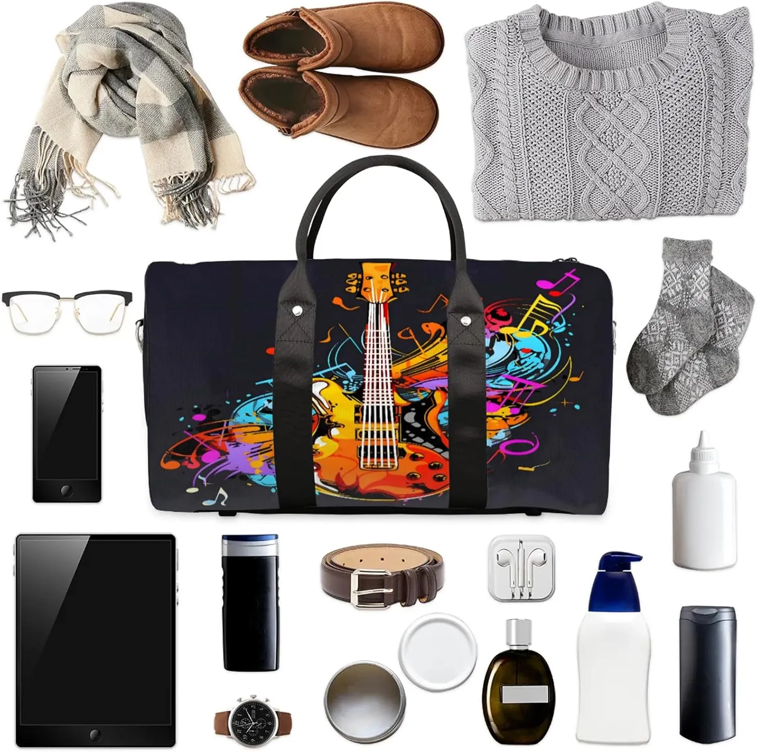 Electric Guitar Music Theme Travel Duffle Bag, Sports Gym Bags for Women Men, Carry On Weekender Overnight Workout Airplane Trips Bag