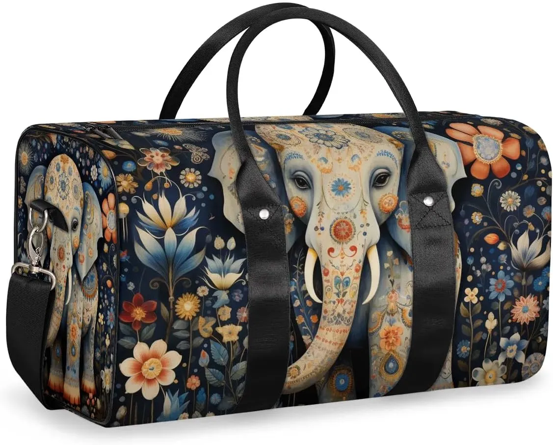 Elephant Ethnic Style Travel Duffel Bag for Women Men Waterproof Foldable Overnight Weekender Bag Large Capacity Sports Gym Bag