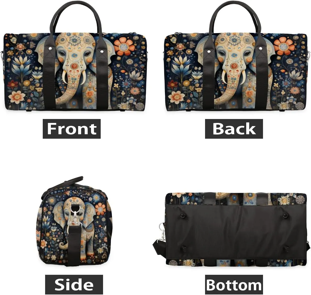 Elephant Ethnic Style Travel Duffel Bag for Women Men Waterproof Foldable Overnight Weekender Bag Large Capacity Sports Gym Bag
