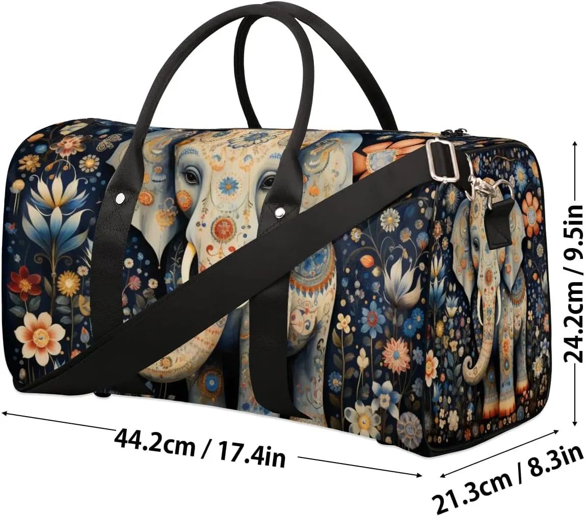 Elephant Ethnic Style Travel Duffel Bag for Women Men Waterproof Foldable Overnight Weekender Bag Large Capacity Sports Gym Bag