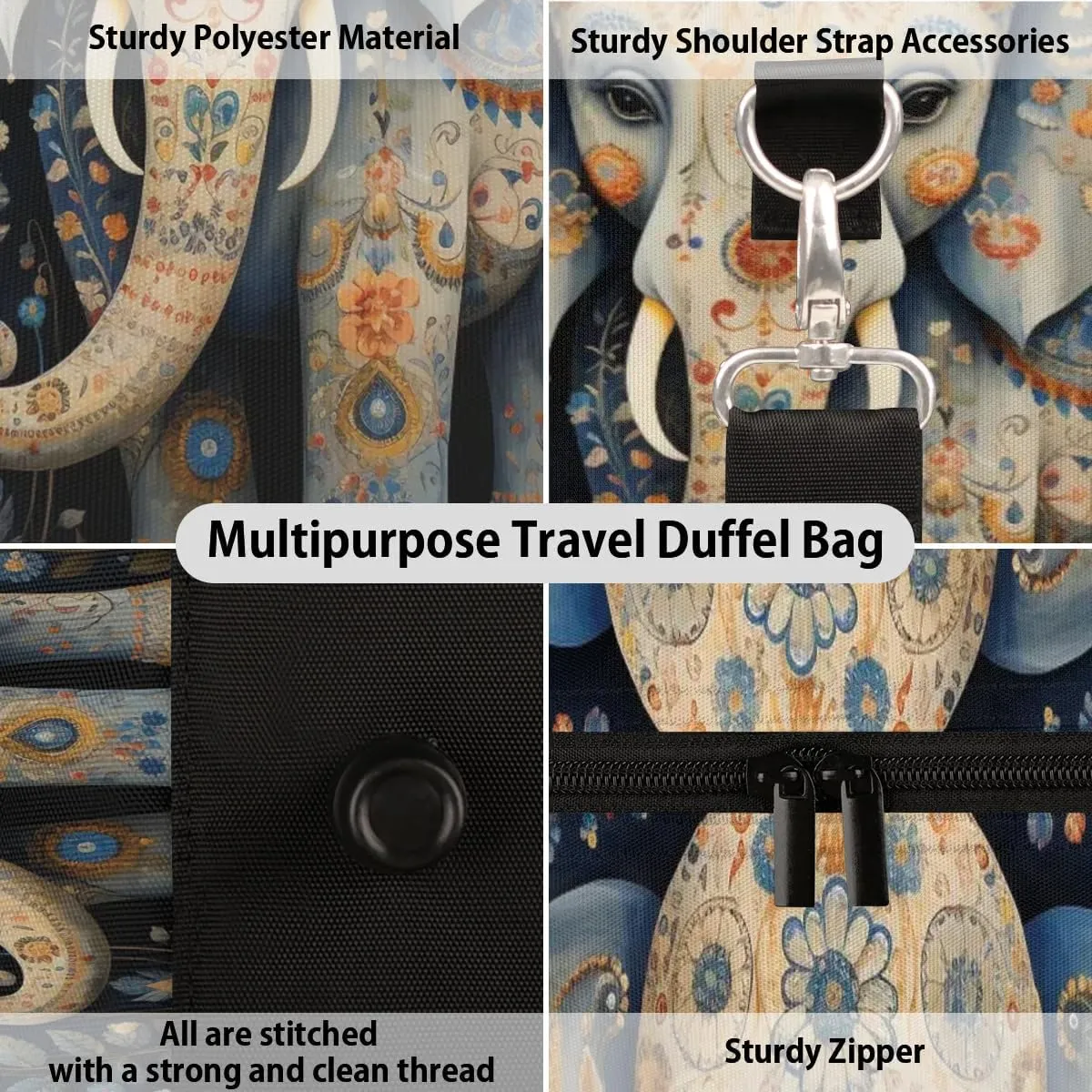 Elephant Ethnic Style Travel Duffel Bag for Women Men Waterproof Foldable Overnight Weekender Bag Large Capacity Sports Gym Bag