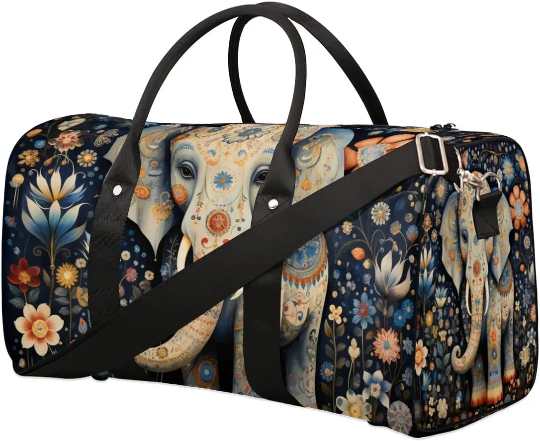 Elephant Ethnic Style Travel Duffel Bag for Women Men Waterproof Foldable Overnight Weekender Bag Large Capacity Sports Gym Bag