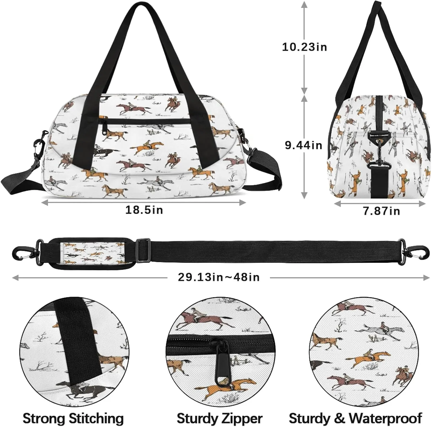 Equestrian Sport Horse Kids Duffel Bag Lightweight Waterproof Sports Gym Bag with Front Zipper Pocket Foldable Weekender Overnight Bag for School Practice Gymnastic Ballet