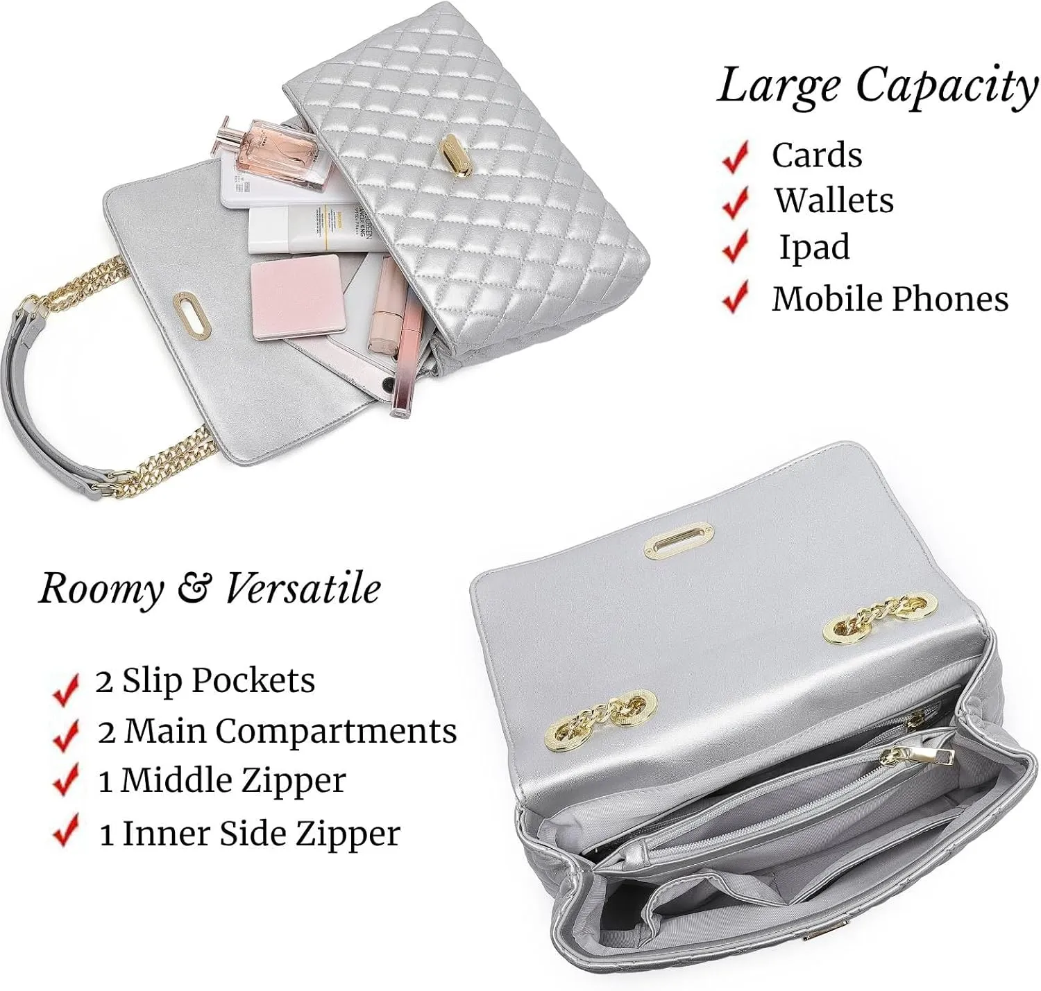 ER.Roulour Quilted Crossbody Bags for Women, Trendy Roomy Shoulder Handbags with Flap Gold Hardware Chain Purses Shoulder Bag