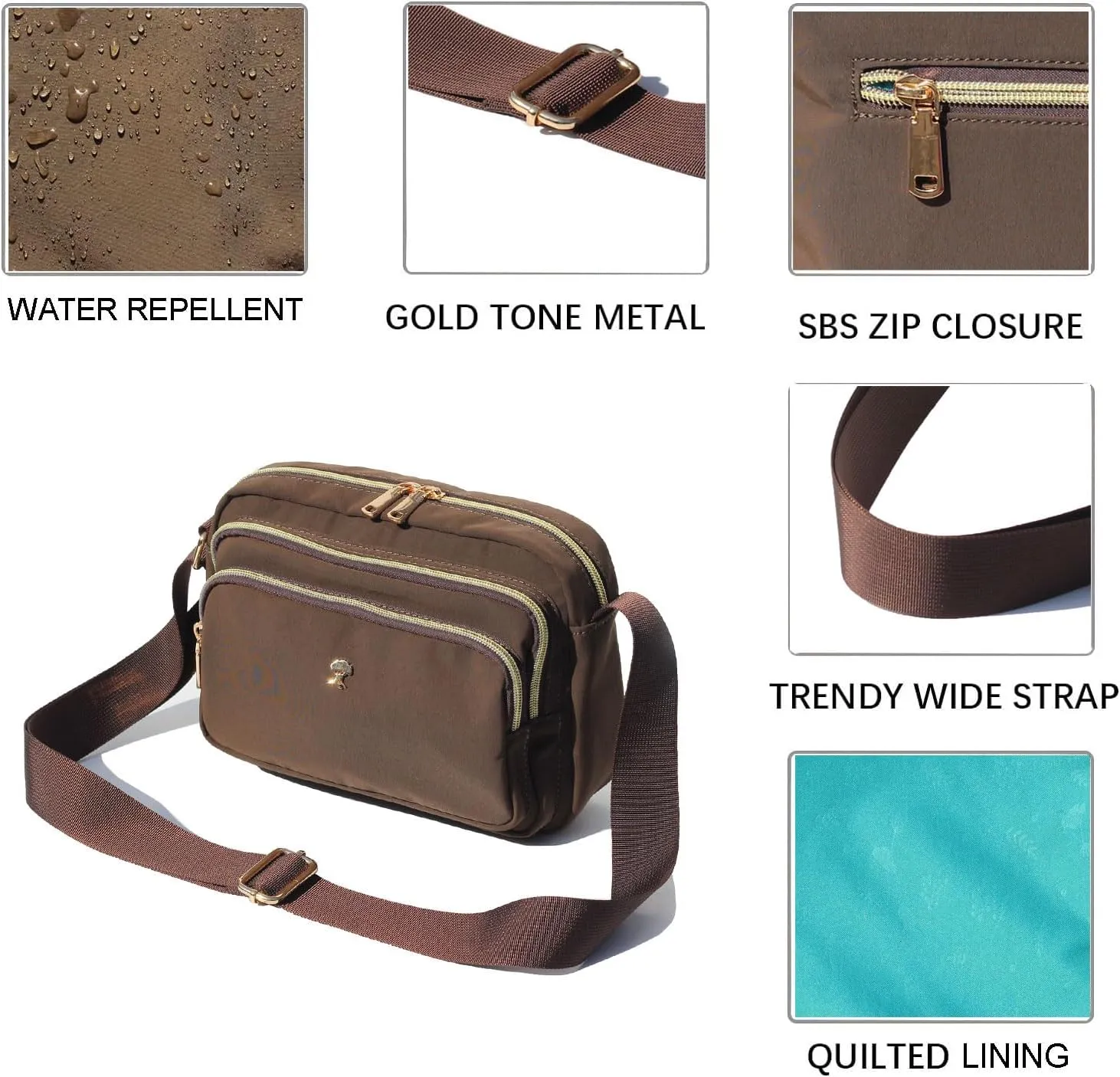 ESVAN Triple Zip Crossbody Bags for Women Fashion Ladies Purse Multi-Pocket Handbags Messenger Shoulder Bag