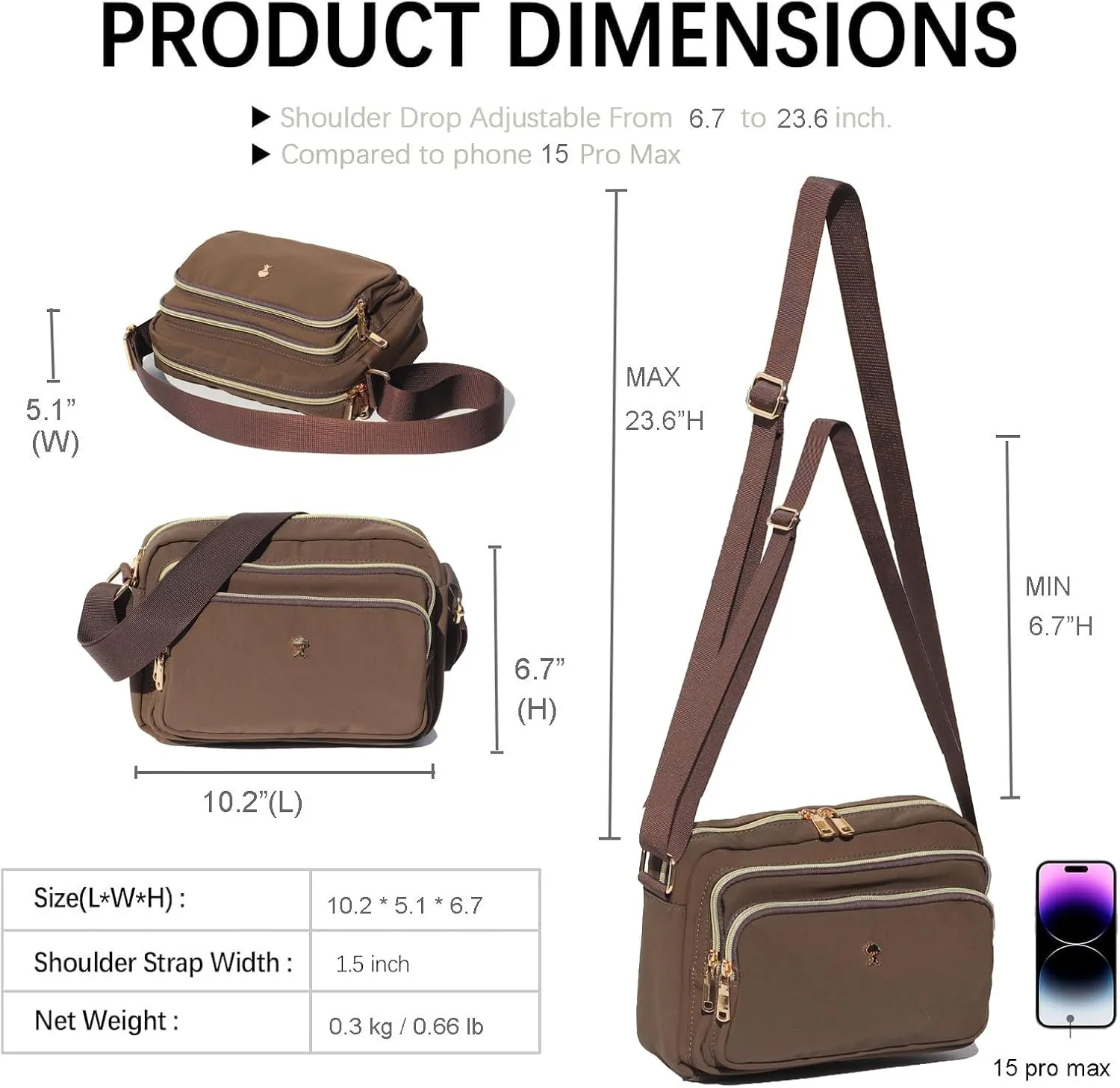 ESVAN Triple Zip Crossbody Bags for Women Fashion Ladies Purse Multi-Pocket Handbags Messenger Shoulder Bag