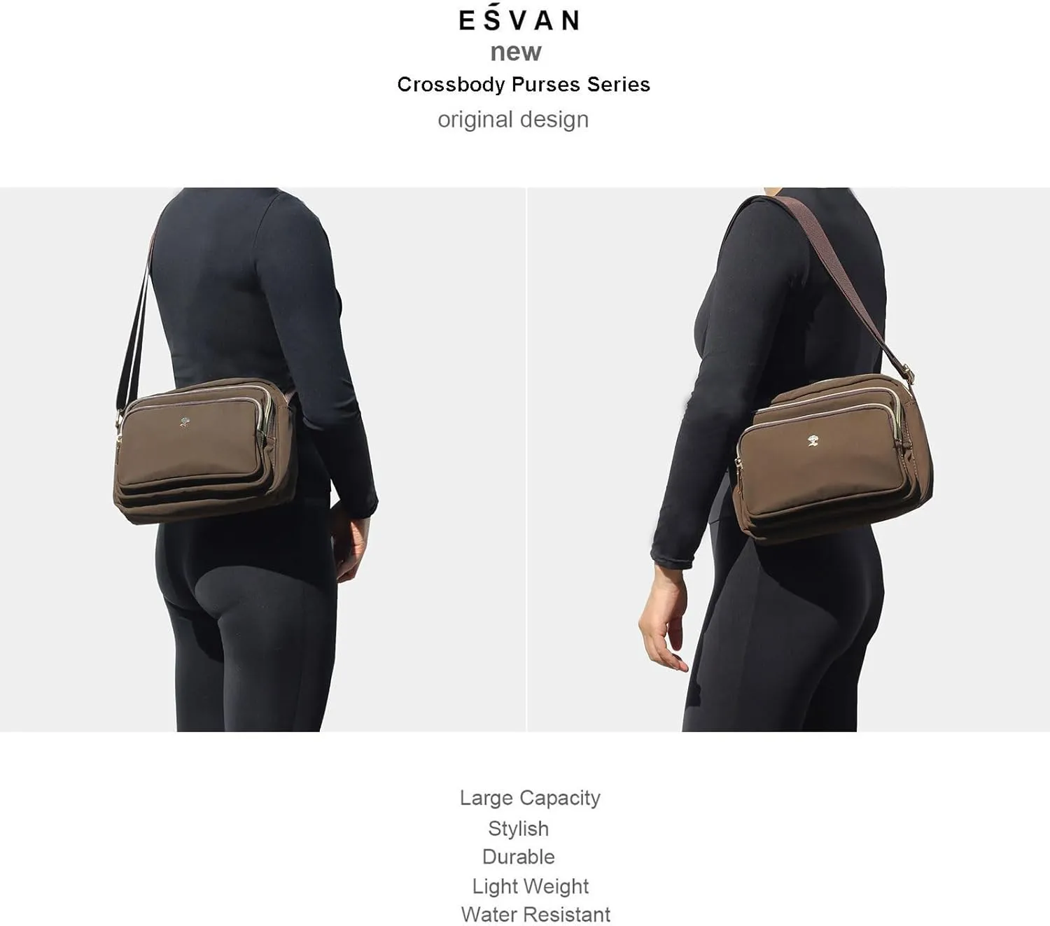 ESVAN Triple Zip Crossbody Bags for Women Fashion Ladies Purse Multi-Pocket Handbags Messenger Shoulder Bag