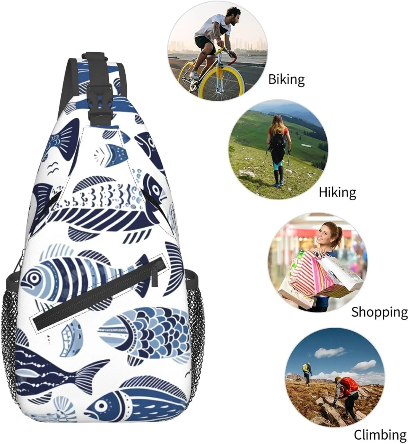 Ethnic Sea Fish Sling Bag Crossbody Bag for Men Women, Daypack Chest Backpack Shoulder Bag for Travle Hiking