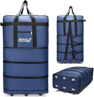 Expandable Extra Large Travel Oxford Duffel Bag with Wheels Waterproof Lightweight Traveling Foldable Suitcase (Blue, L - 6 wheels)