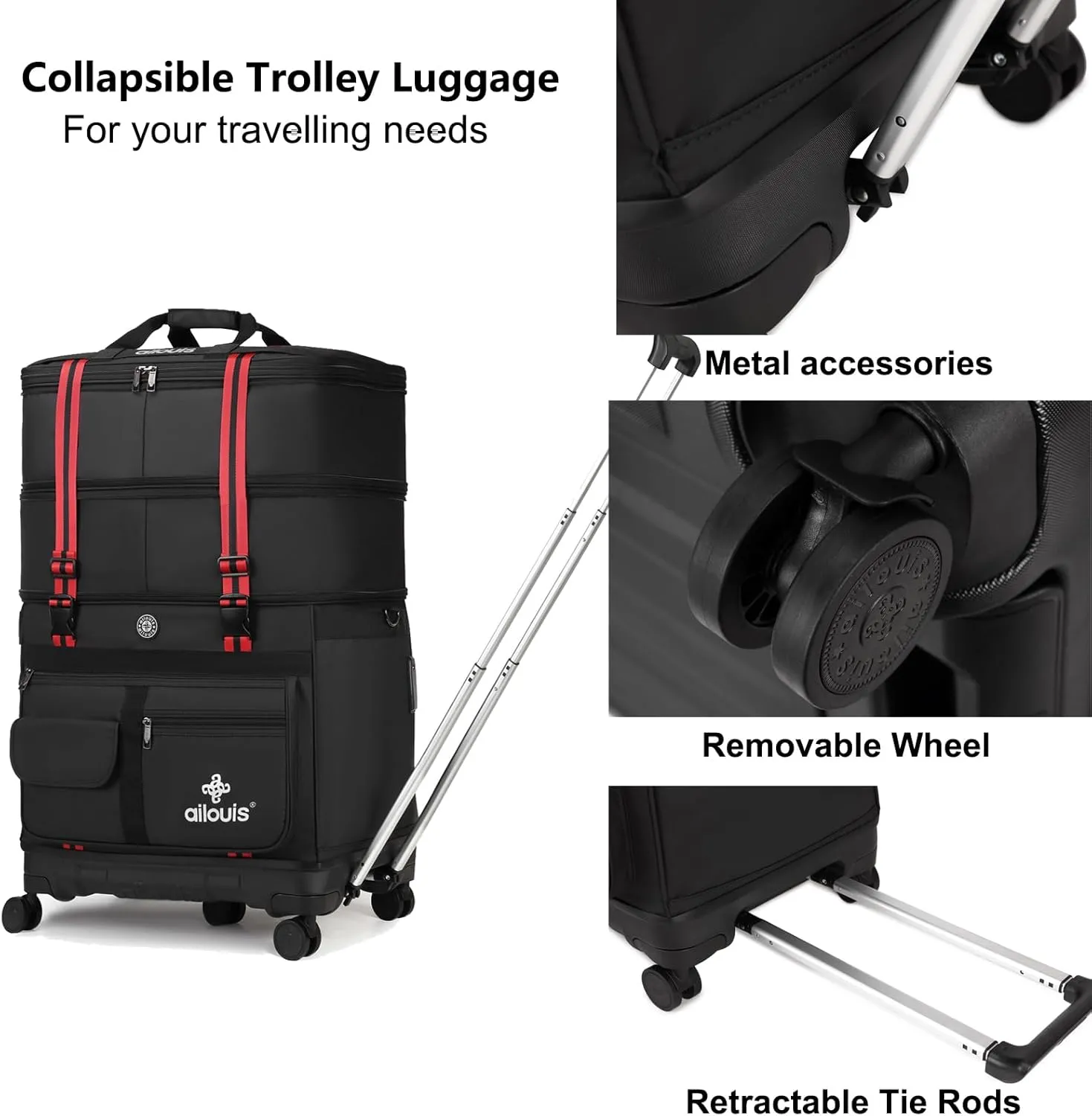 Expandable Foldable Luggage Bag with Telescoping Handle Collapsible Suitcase with Removable Wheels Rolling Travel Duffel Bag for Men Women