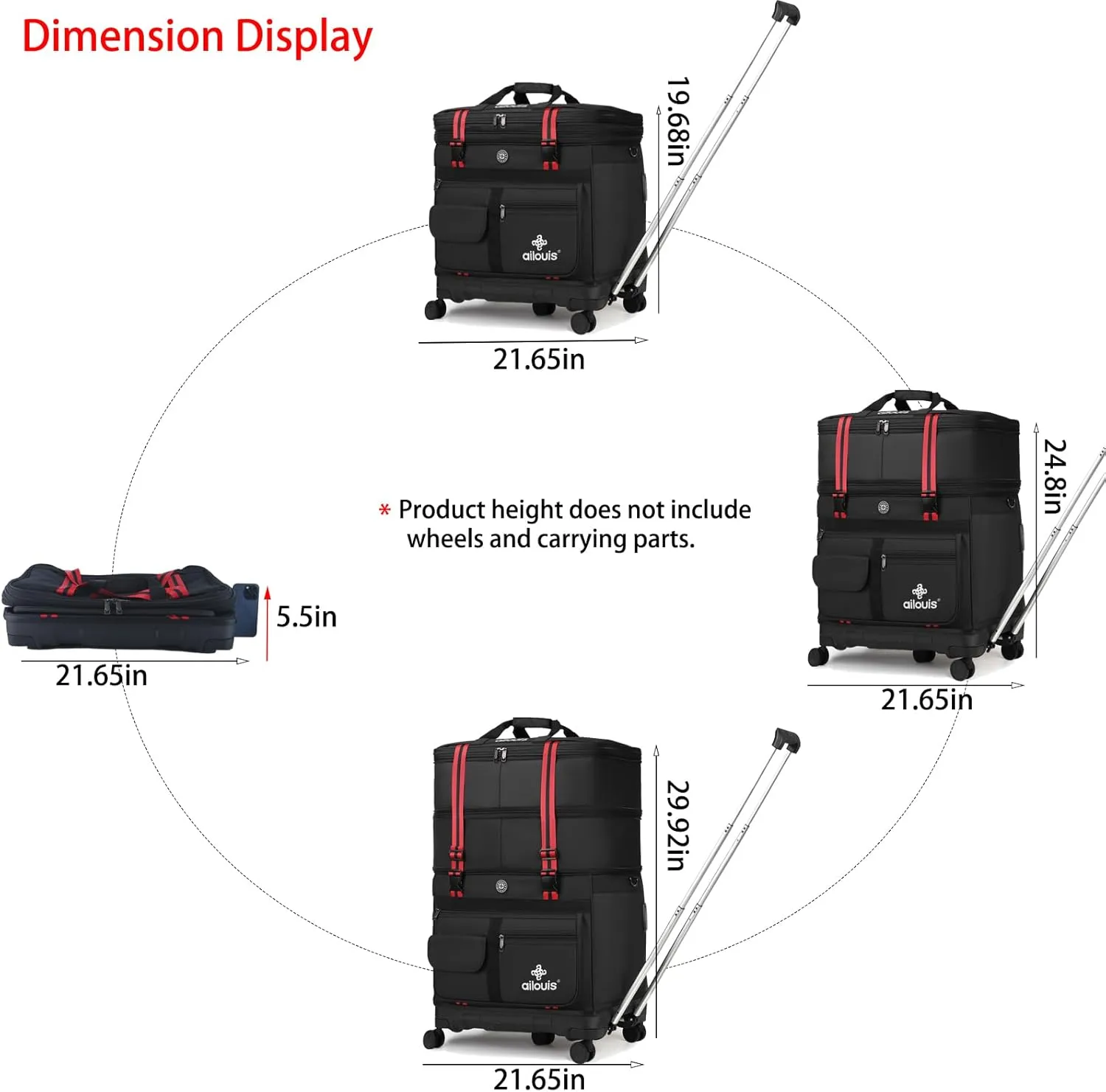 Expandable Foldable Luggage Bag with Telescoping Handle Collapsible Suitcase with Removable Wheels Rolling Travel Duffel Bag for Men Women