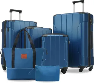 Expandable Lightweight Hardshell Luggage Sets, 6 Piece Suitcase Set with Wheels, Includes Travel Duffel and Toiletry Bag, Blue