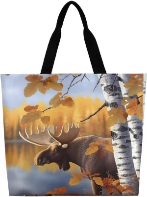Fall Birch Leaves Elk Tote Bag Large Women Casual Shoulder Bag Reusable Grocery Bag Fasion Handbag for Office Shopping Travel