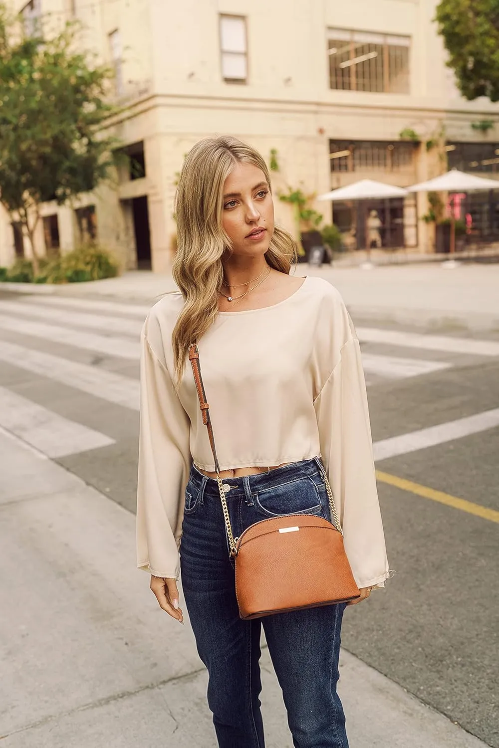 FashionPuzzle Faux Leather Small Dome Crossbody Bag with Chain Strap