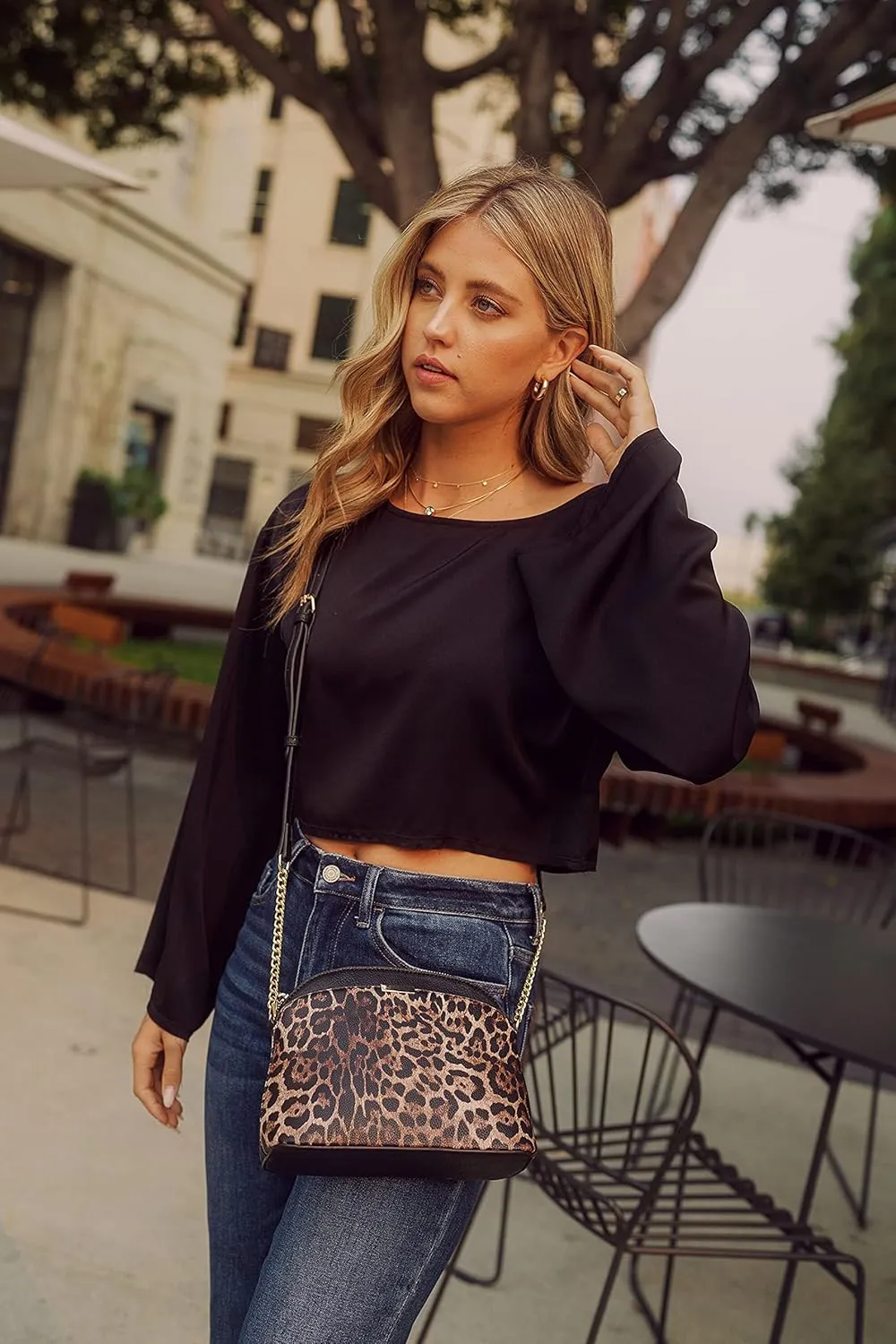 FashionPuzzle Leopard Paisley Print Small Dome Crossbody with Chain Strap