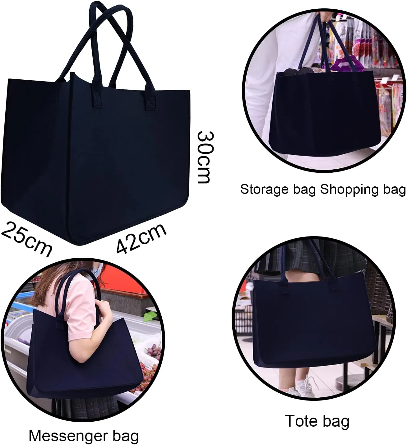 Felt Tote Bag, Large16 x12 x 10" Reusable Bags Lightly Brown 3pcs Heavy Duty Grocery Tote Bag with Handles Grocery Tote Shopping Felt Bags for Grocery, Beach, Travel, Study, Gym, Gifts