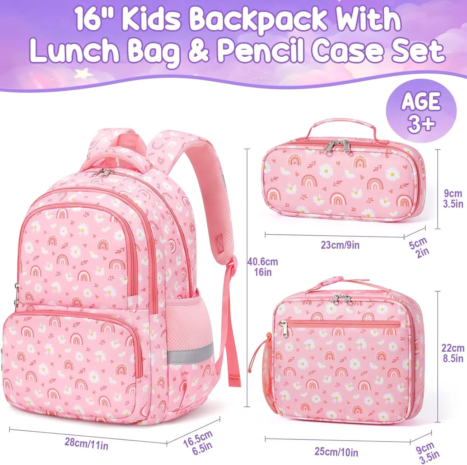 Fimibuke Kids Backpack for School Girls, 3PCS Waterproof Toddler School Bag Cute Bookbag Set with Lunch Box & Pencil Case for Preschool Kindergarten Elementary Back to School Student Ages 3-12, Daisy