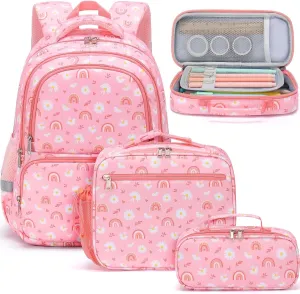 Fimibuke Kids Backpack for School Girls, 3PCS Waterproof Toddler School Bag Cute Bookbag Set with Lunch Box & Pencil Case for Preschool Kindergarten Elementary Back to School Student Ages 3-12, Daisy