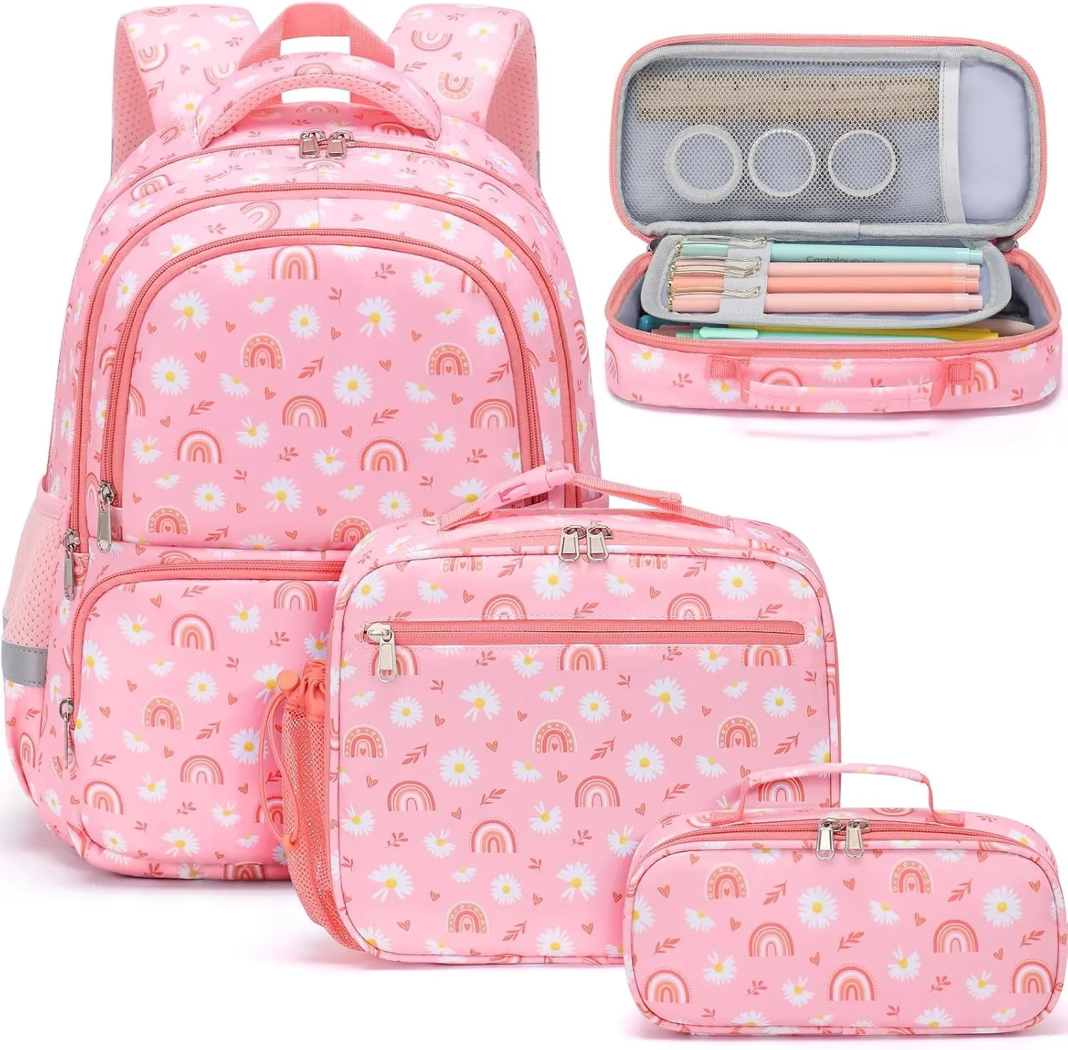 Fimibuke Kids Backpack for School Girls, 3PCS Waterproof Toddler School Bag Cute Bookbag Set with Lunch Box & Pencil Case for Preschool Kindergarten Elementary Back to School Student Ages 3-12, Daisy
