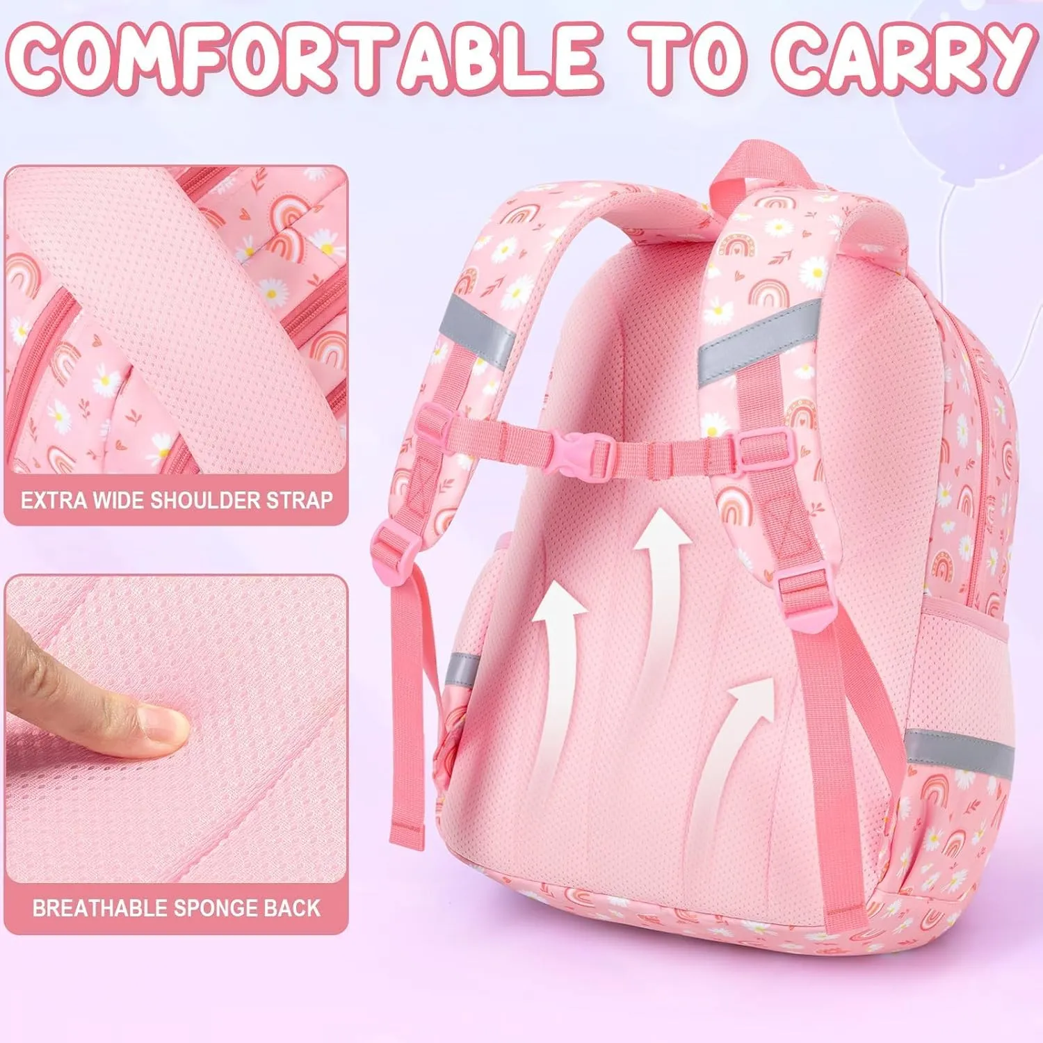 Fimibuke Kids Backpack for School Girls, 3PCS Waterproof Toddler School Bag Cute Bookbag Set with Lunch Box & Pencil Case for Preschool Kindergarten Elementary Back to School Student Ages 3-12, Daisy