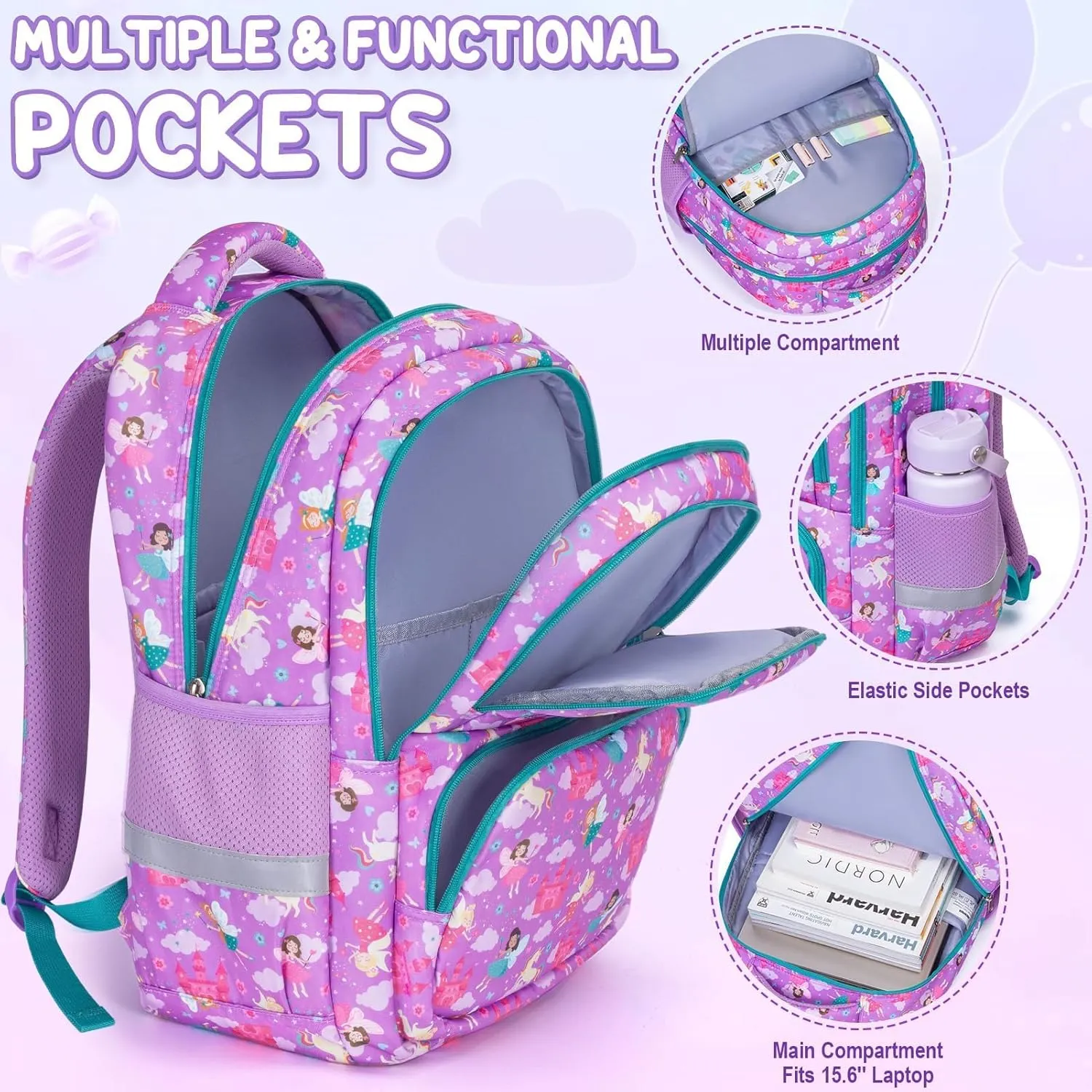 Fimibuke Kids Backpack for School Girls, 3PCS Waterproof Toddler School Bag Cute Bookbag Set with Lunch Box & Pencil Case for Preschool Kindergarten Elementary Back to School Student Ages 3-12, Daisy