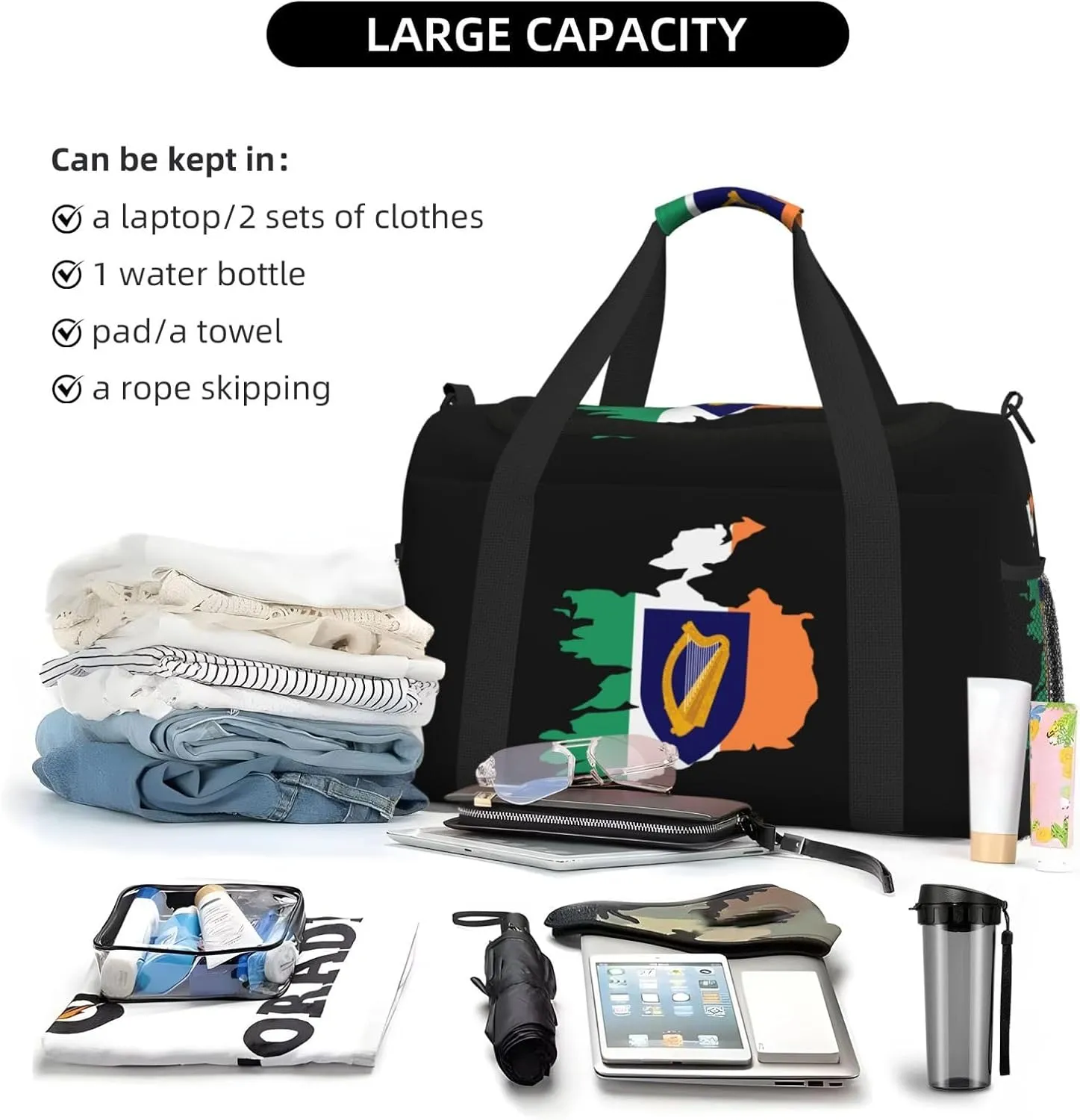 Flag Map Of Ireland Travel Duffel Bag Large Foldable Waterproof Overnight Bag For Beach Swim Bags Pool Sports Gym