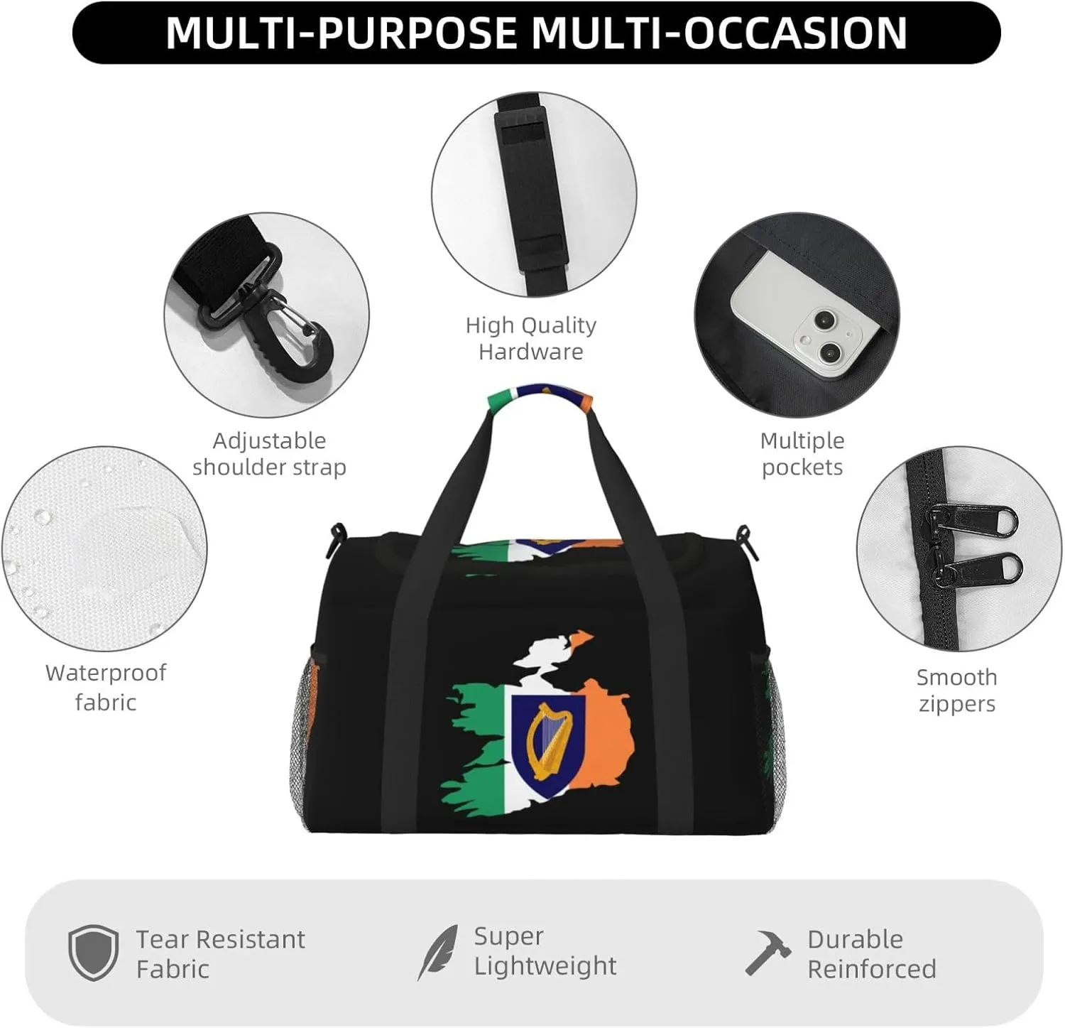 Flag Map Of Ireland Travel Duffel Bag Large Foldable Waterproof Overnight Bag For Beach Swim Bags Pool Sports Gym