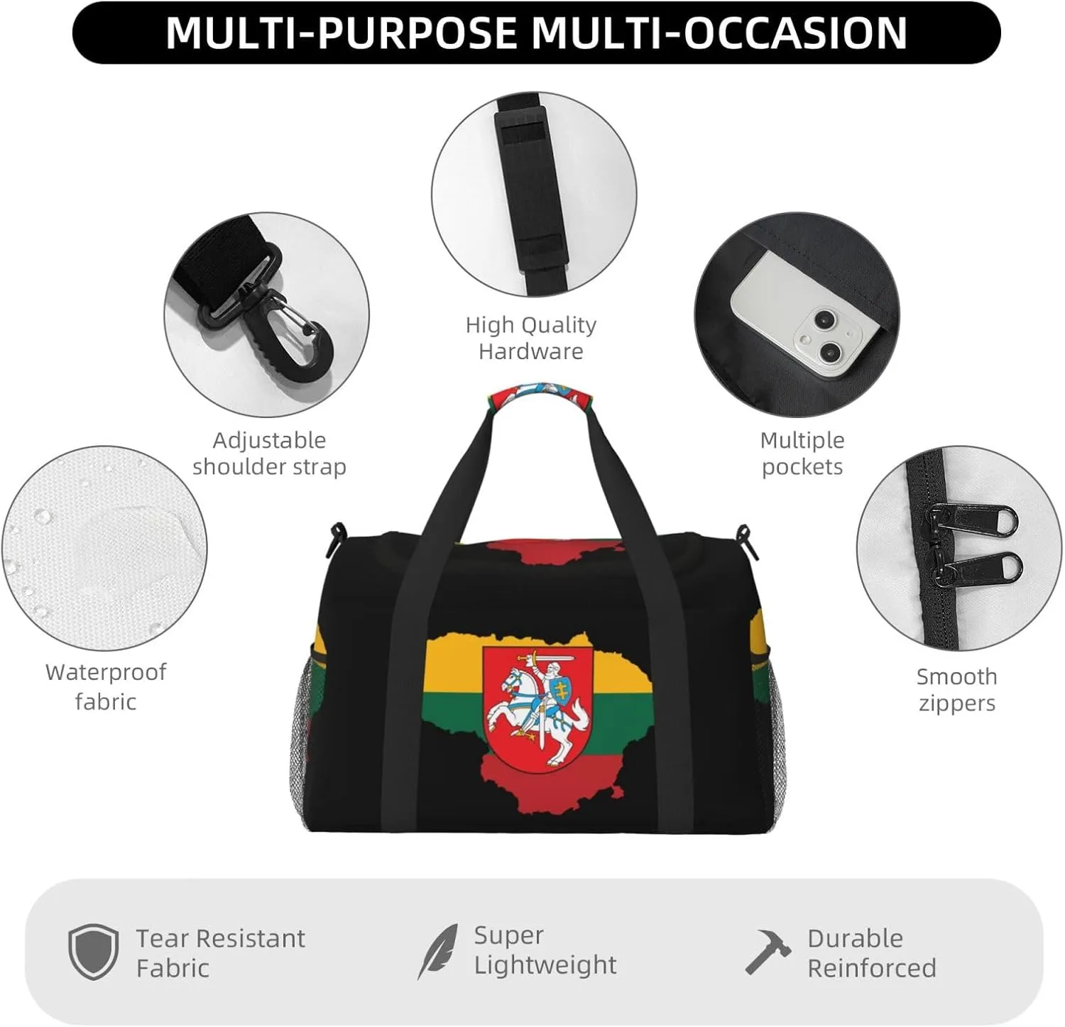 Flag Map Of Lithuania Travel Duffel Bag Large Foldable Waterproof Overnight Bag For Beach Swim Bags Pool Sports Gym