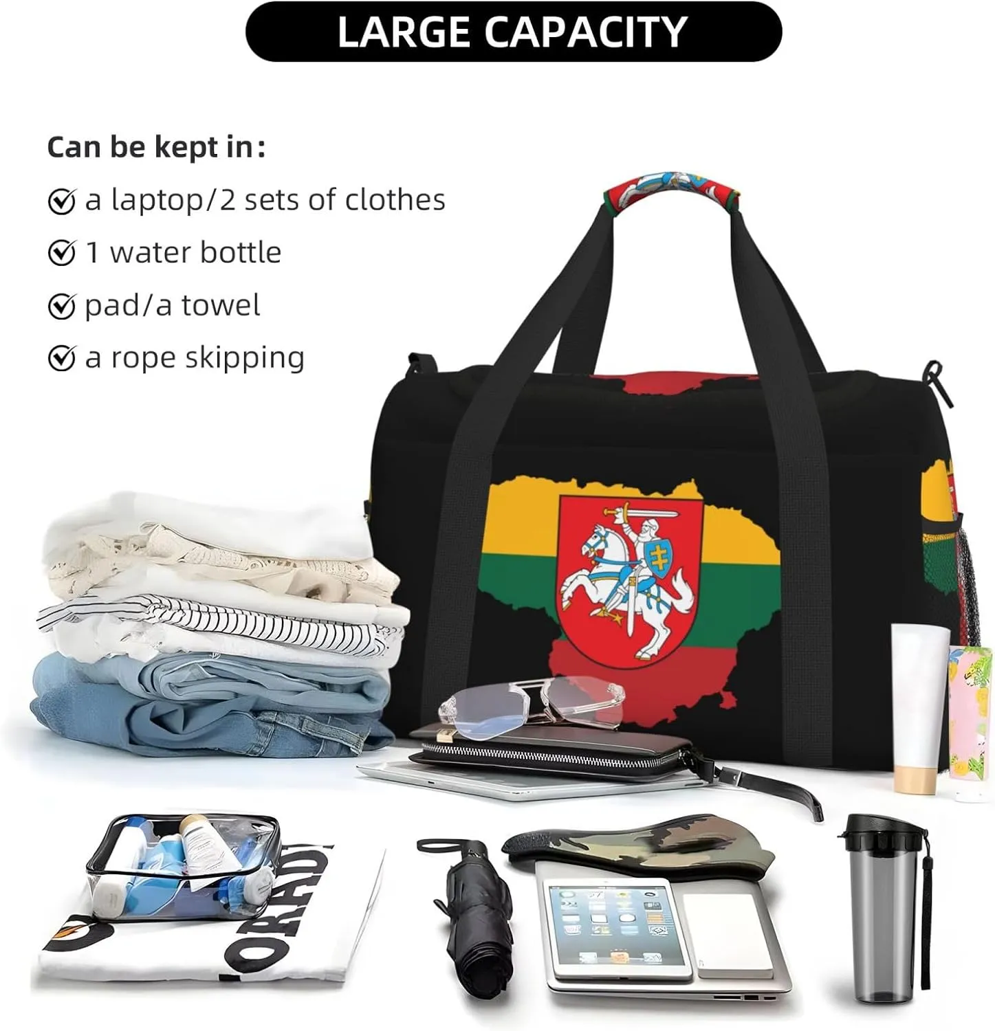 Flag Map Of Lithuania Travel Duffel Bag Large Foldable Waterproof Overnight Bag For Beach Swim Bags Pool Sports Gym