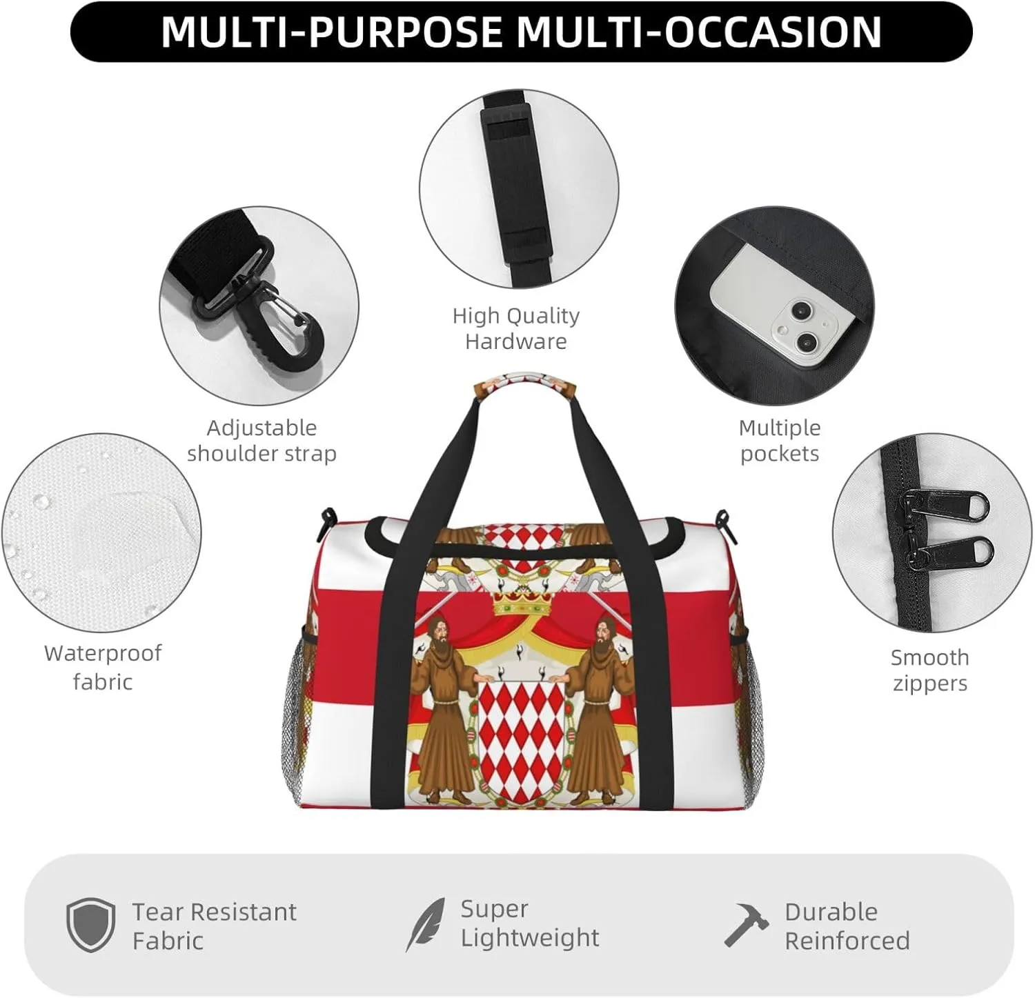 Flag Of Monaco Travel Duffel Bag Large Foldable Waterproof Overnight Bag For Beach Swim Bags Pool Sports Gym