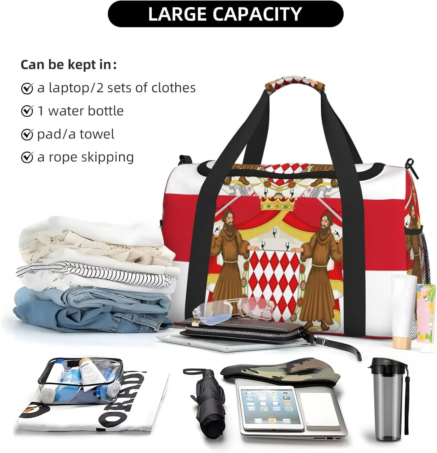 Flag Of Monaco Travel Duffel Bag Large Foldable Waterproof Overnight Bag For Beach Swim Bags Pool Sports Gym