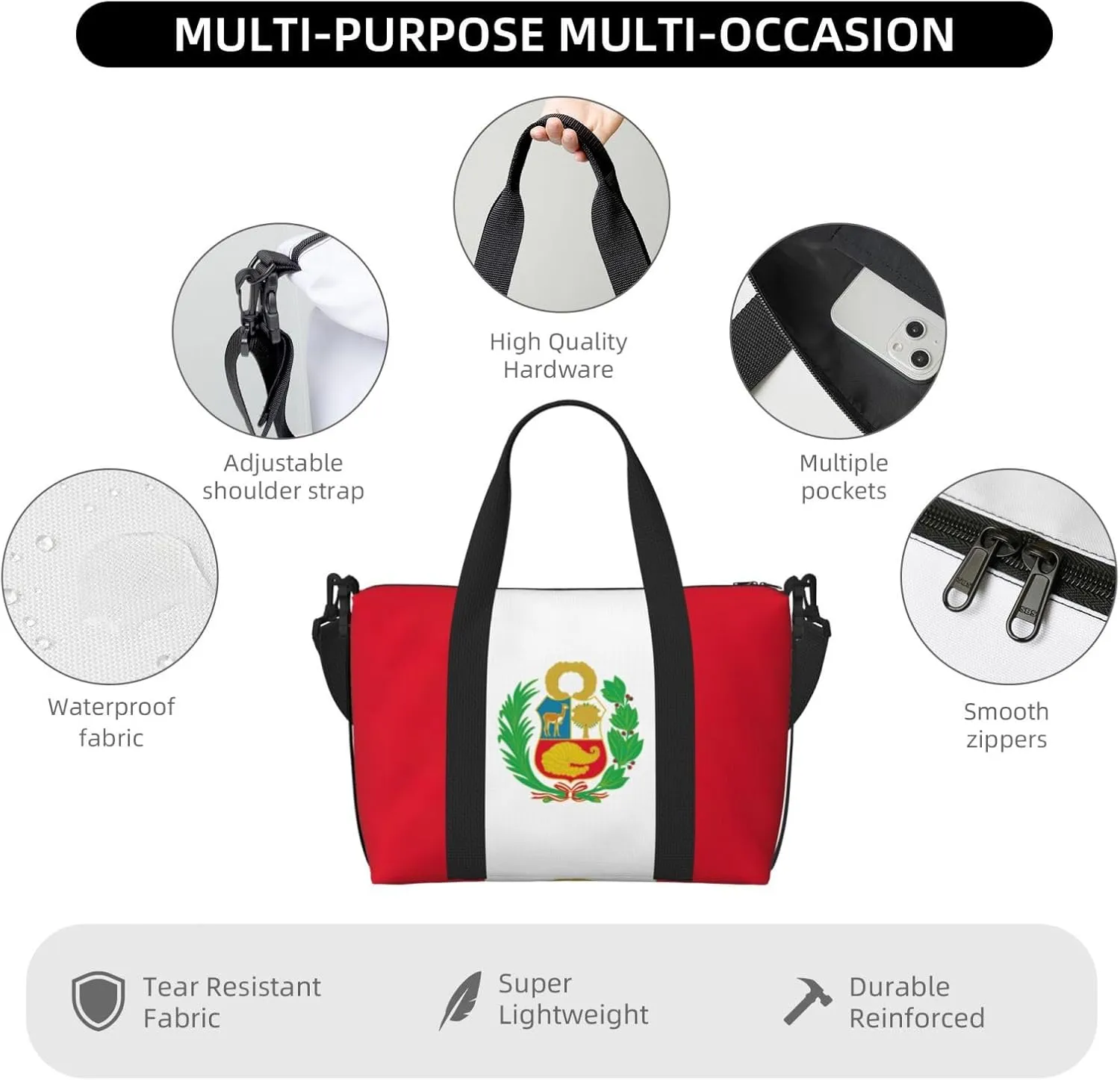 Flag Of Peru Small Duffel Bag Foldable Travel Bag Weekender Bag Overnight Gym Hospital Bags For Women&Men