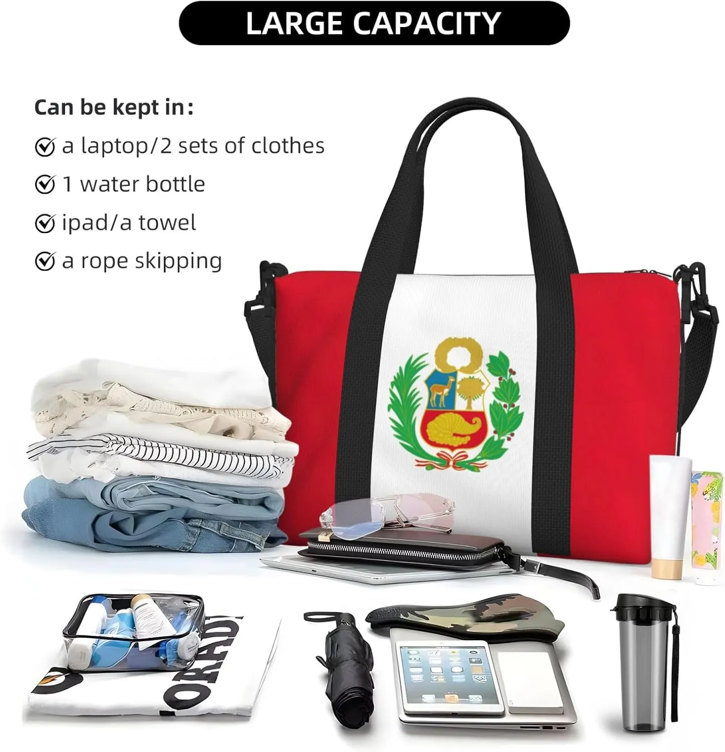 Flag Of Peru Small Duffel Bag Foldable Travel Bag Weekender Bag Overnight Gym Hospital Bags For Women&Men