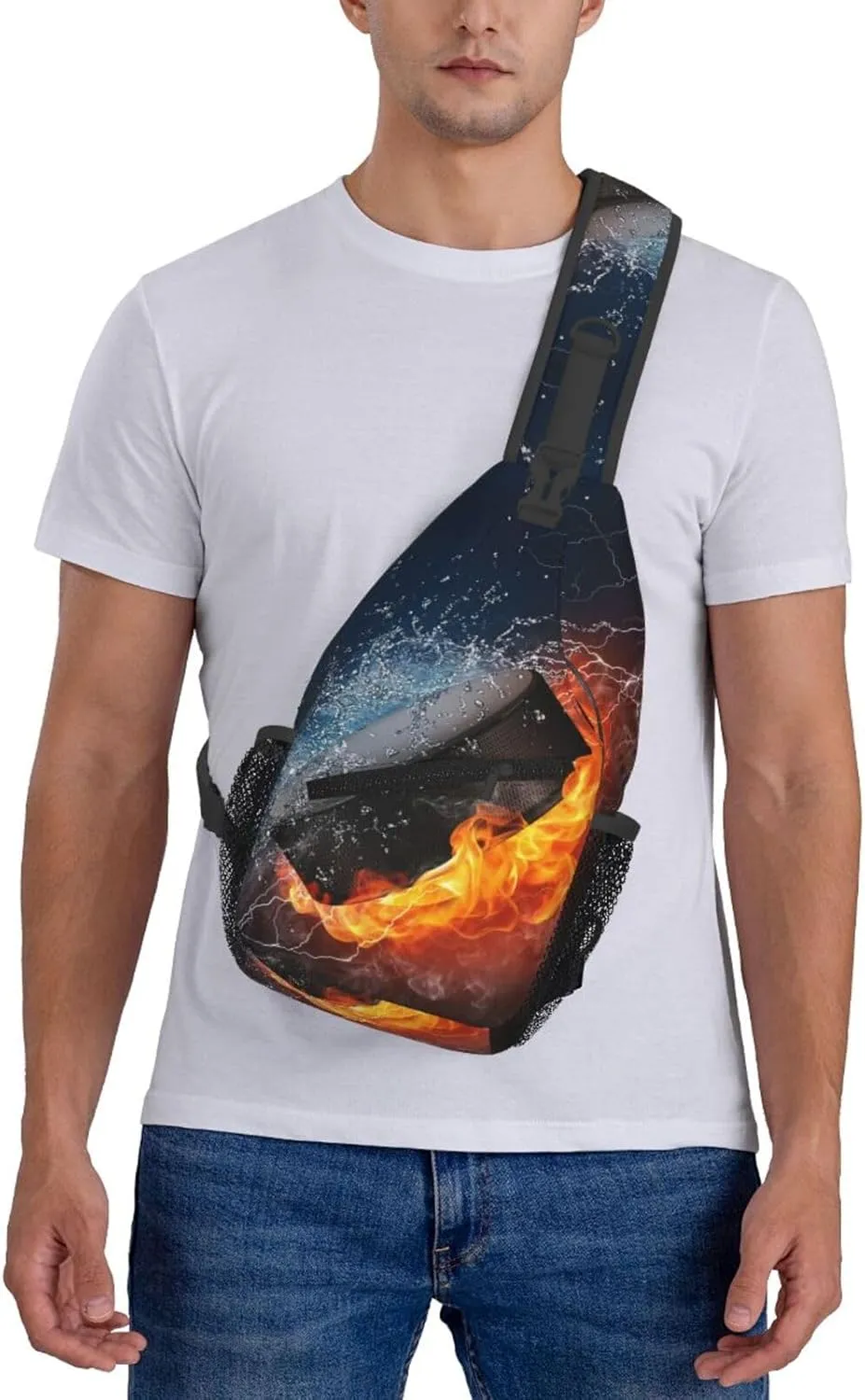 Flame And Water Collision Hockey Puck Chest Sling Bag Crossbody Shoulder Backpack Bag Gym Cycling Daypack Travel Hiking Cross Bag