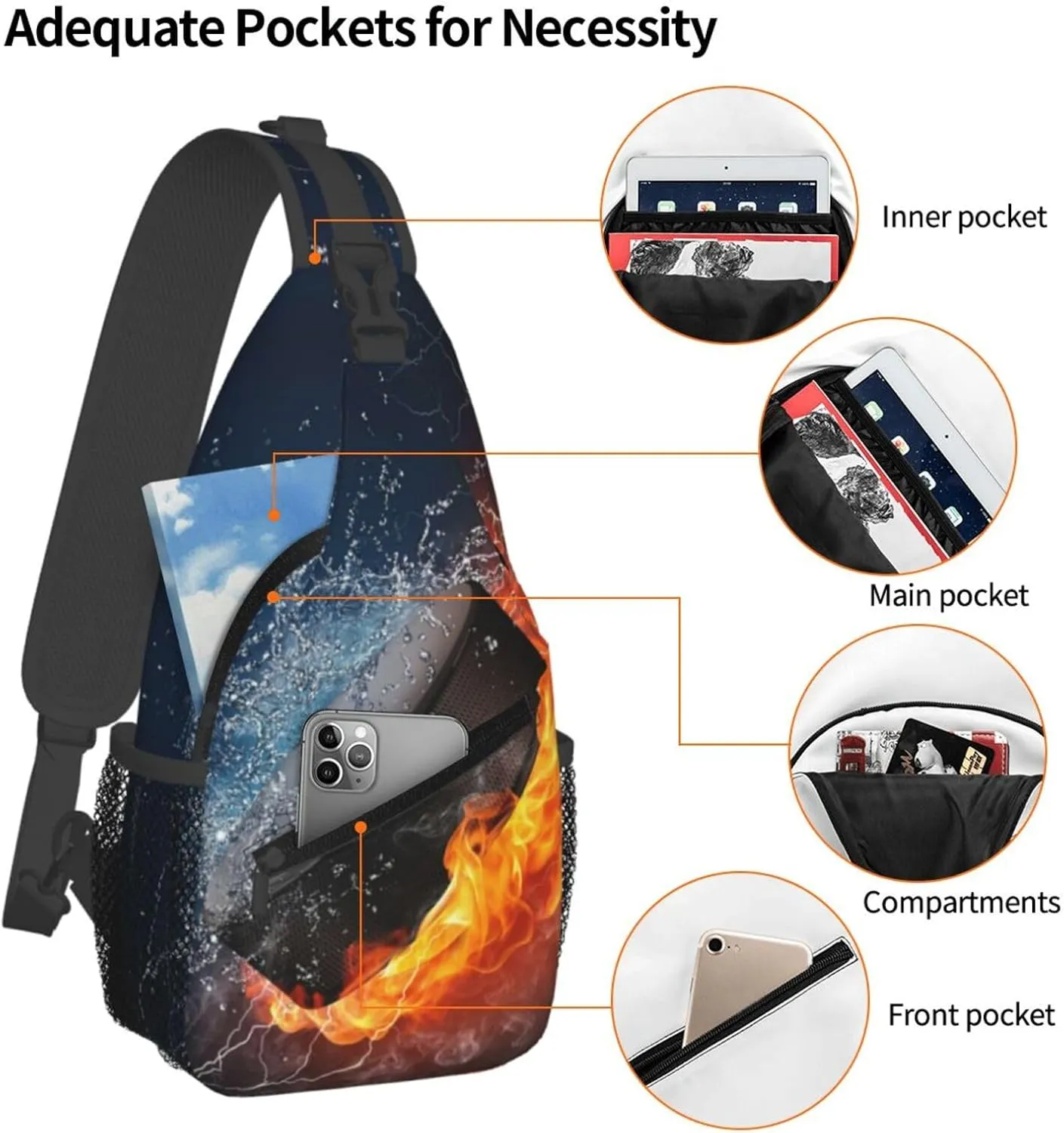 Flame And Water Collision Hockey Puck Chest Sling Bag Crossbody Shoulder Backpack Bag Gym Cycling Daypack Travel Hiking Cross Bag