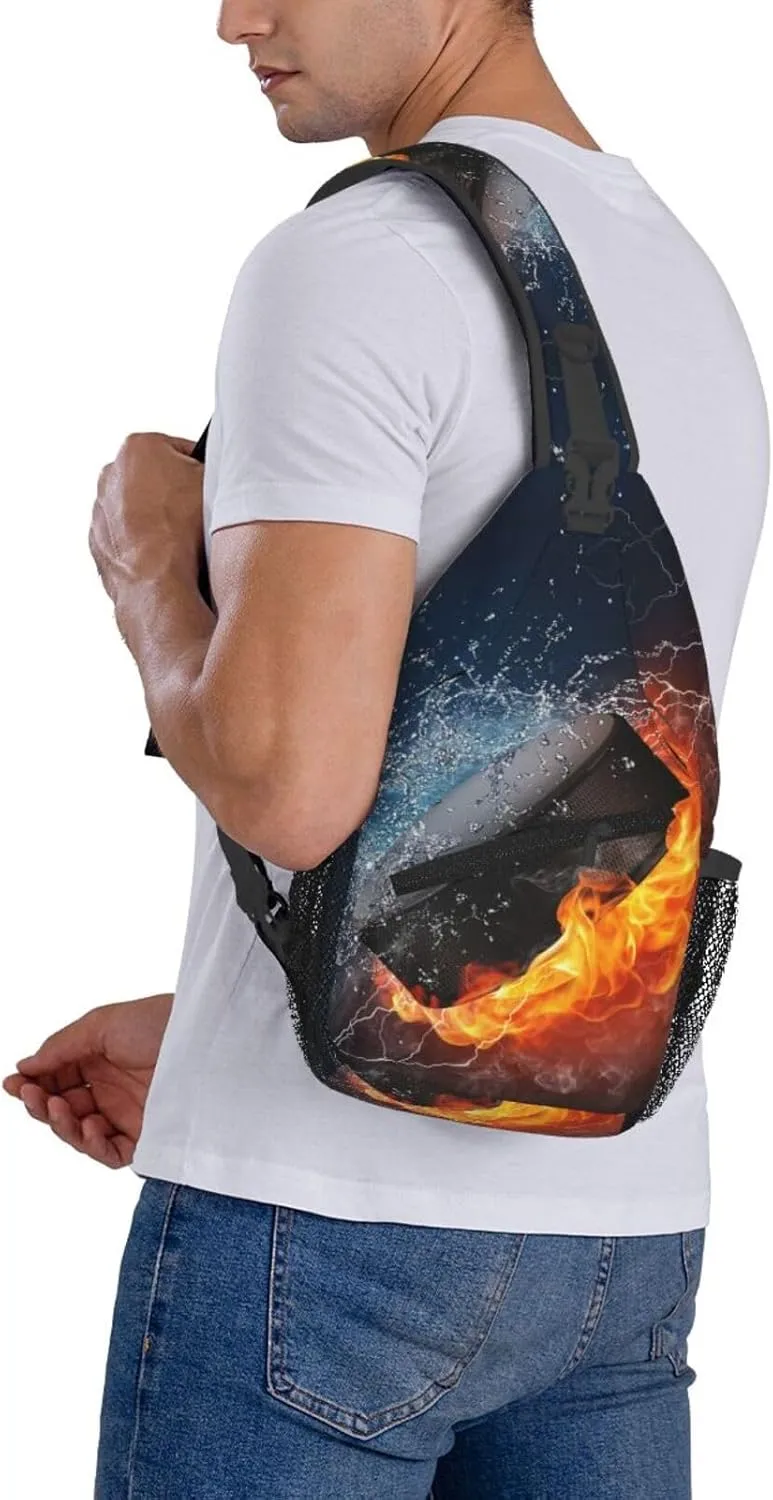 Flame And Water Collision Hockey Puck Chest Sling Bag Crossbody Shoulder Backpack Bag Gym Cycling Daypack Travel Hiking Cross Bag