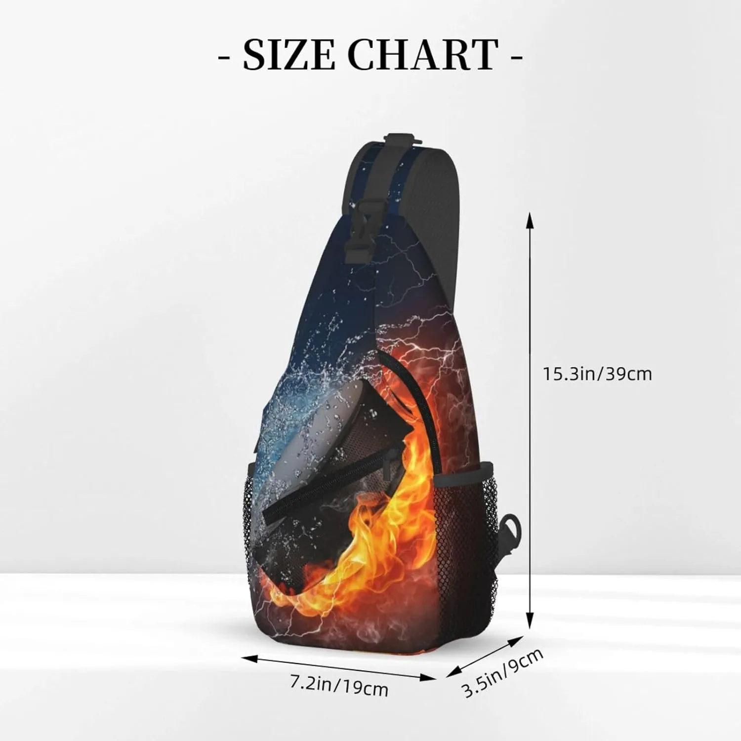 Flame And Water Collision Hockey Puck Chest Sling Bag Crossbody Shoulder Backpack Bag Gym Cycling Daypack Travel Hiking Cross Bag