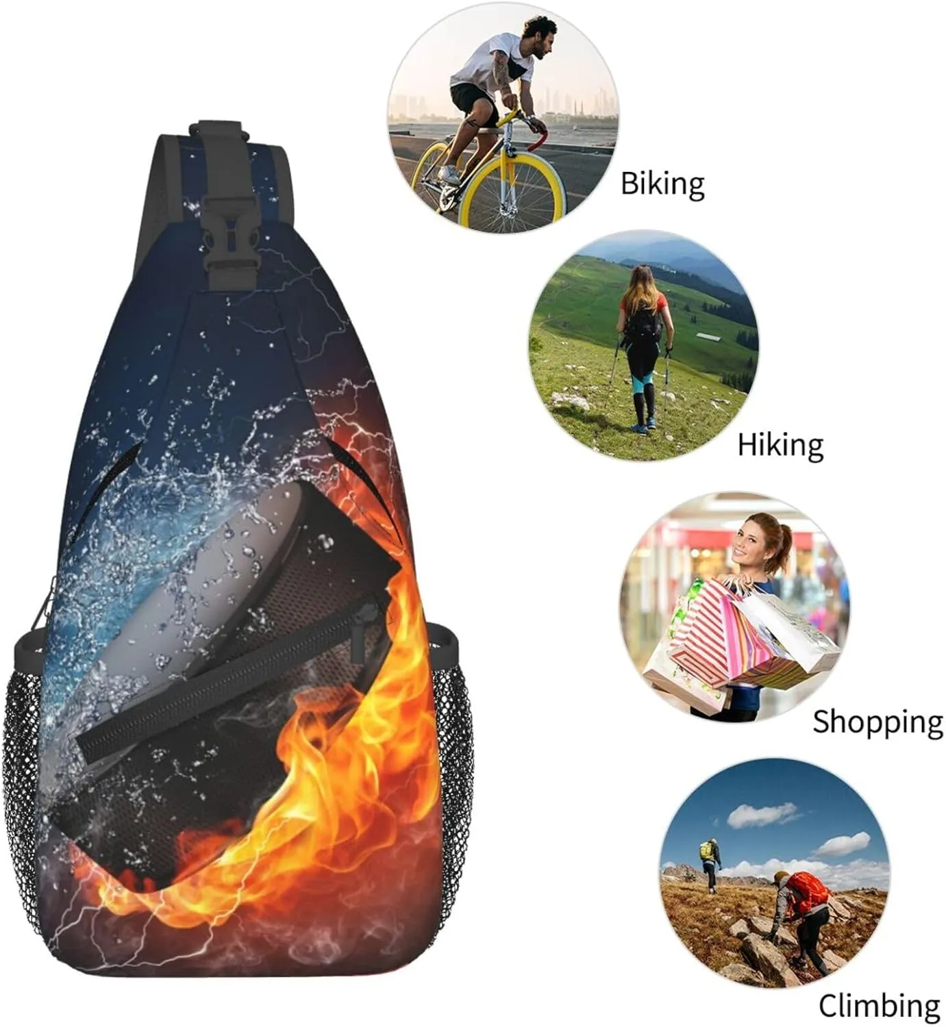 Flame And Water Collision Hockey Puck Chest Sling Bag Crossbody Shoulder Backpack Bag Gym Cycling Daypack Travel Hiking Cross Bag