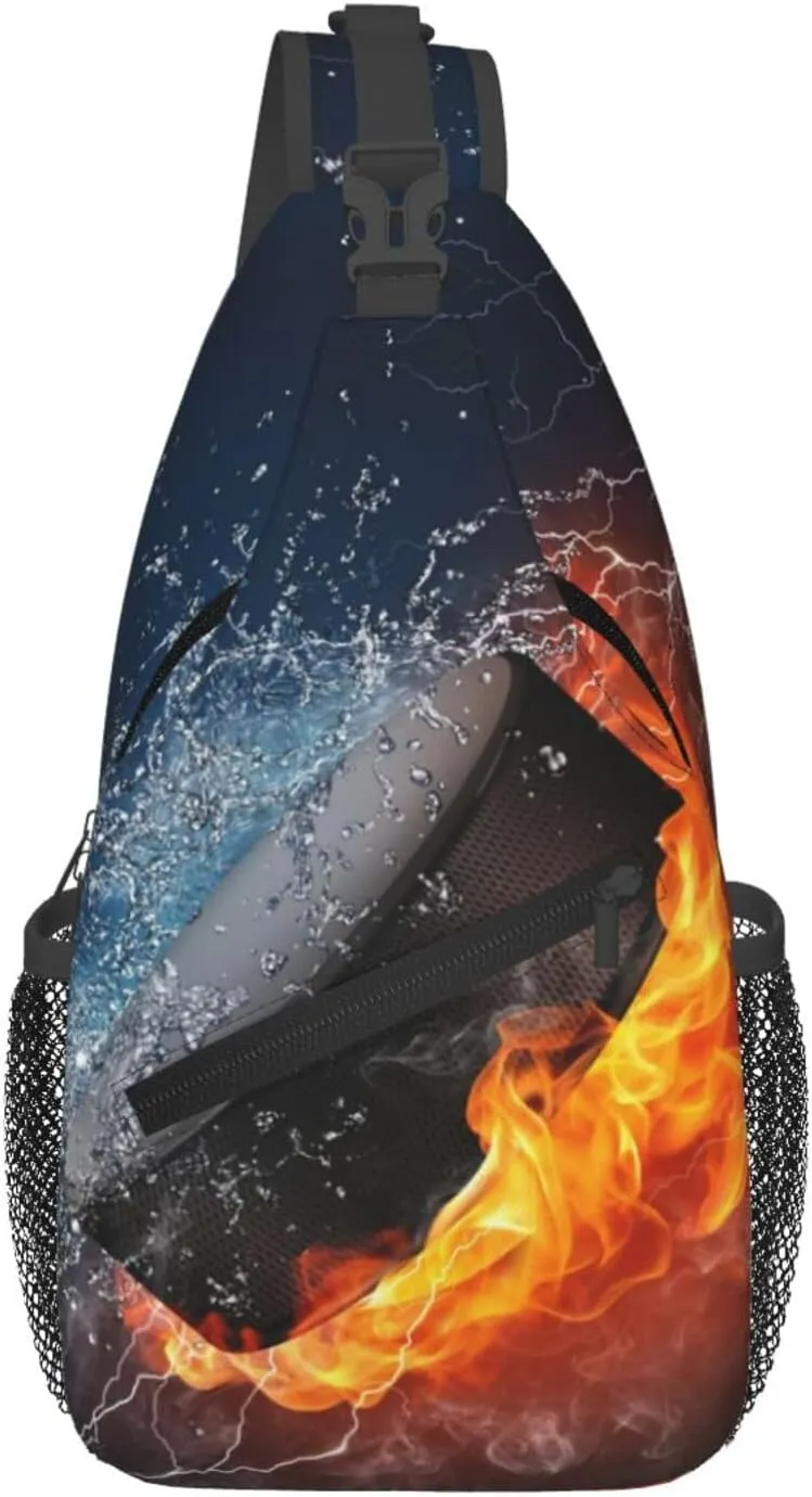 Flame And Water Collision Hockey Puck Chest Sling Bag Crossbody Shoulder Backpack Bag Gym Cycling Daypack Travel Hiking Cross Bag