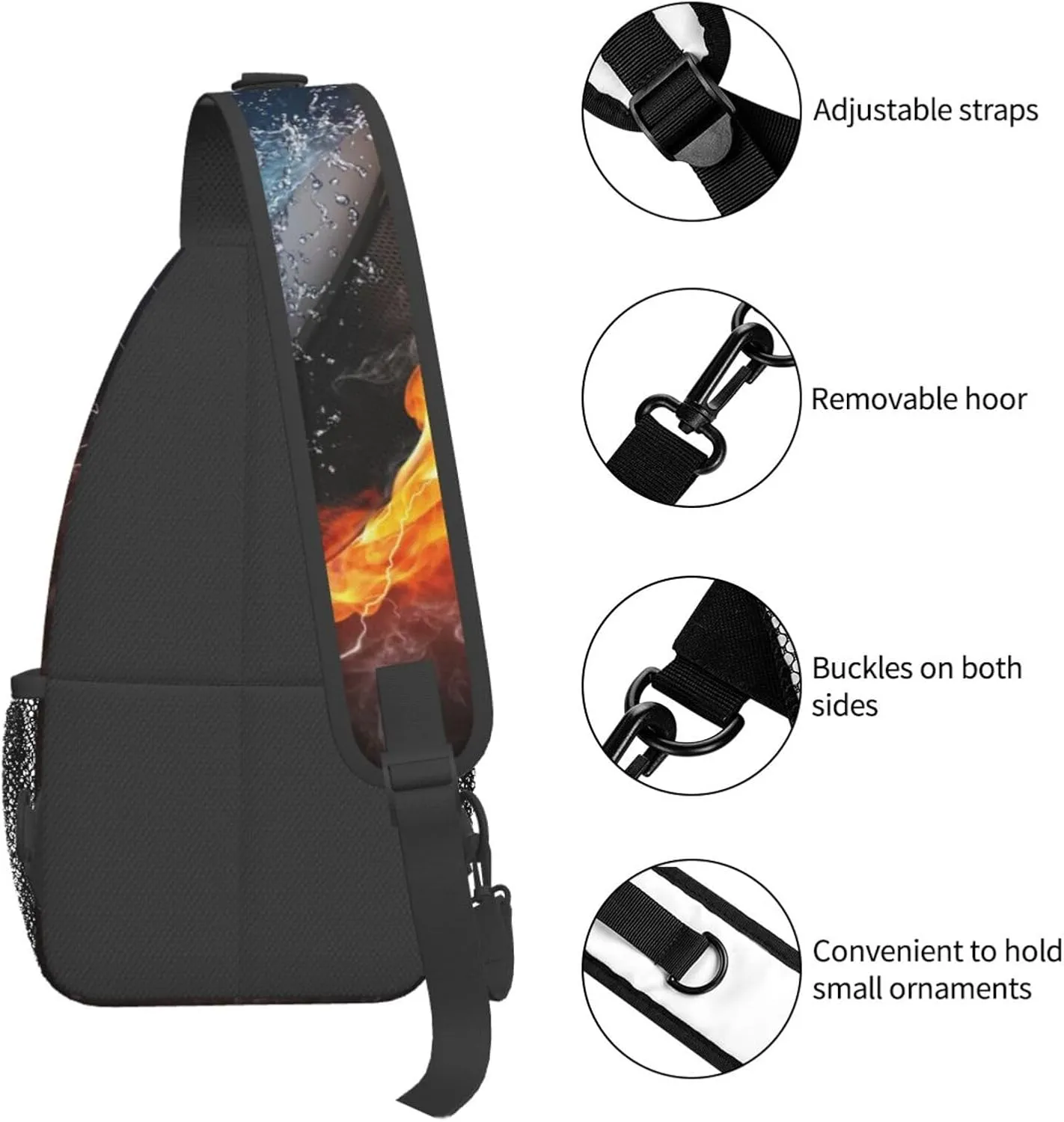 Flame And Water Collision Hockey Puck Chest Sling Bag Crossbody Shoulder Backpack Bag Gym Cycling Daypack Travel Hiking Cross Bag