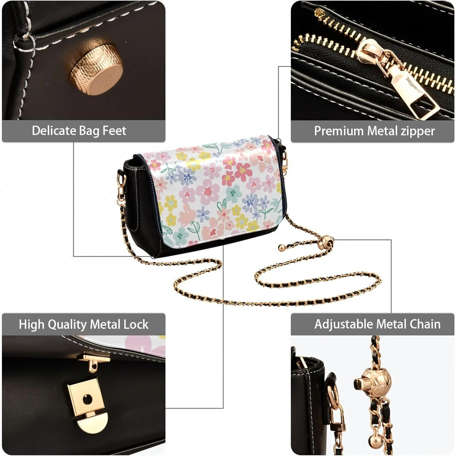 Floral Blue Small Flower Shoulder Leather Bags Black Women Crossbody Bag Purses Trendy Handbag with Chain Strap