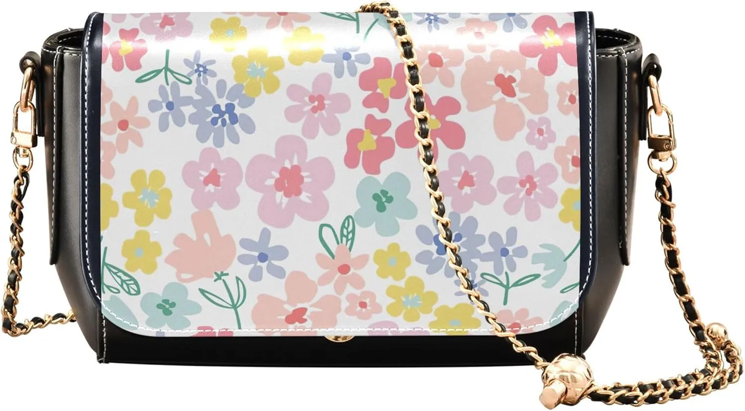 Floral Blue Small Flower Shoulder Leather Bags Black Women Crossbody Bag Purses Trendy Handbag with Chain Strap