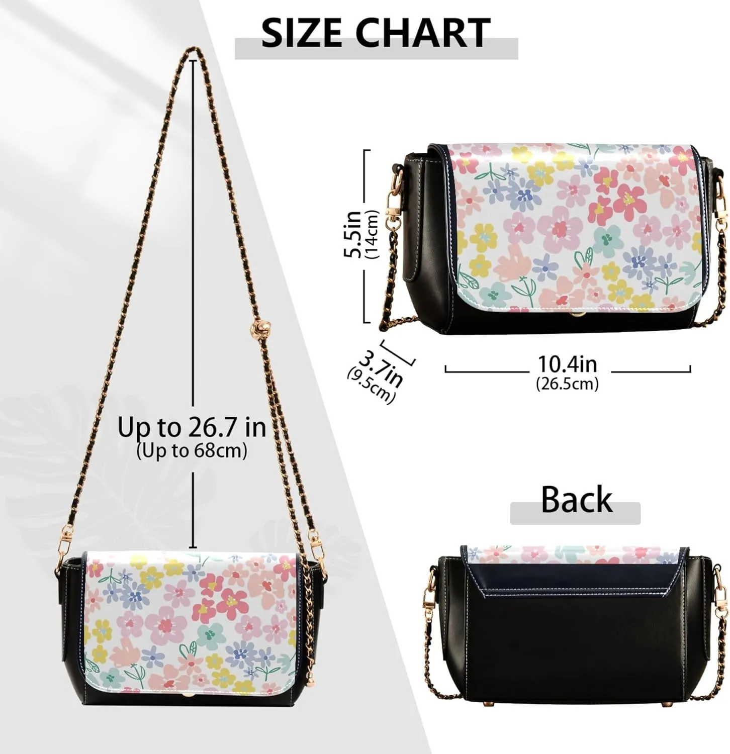 Floral Blue Small Flower Shoulder Leather Bags Black Women Crossbody Bag Purses Trendy Handbag with Chain Strap